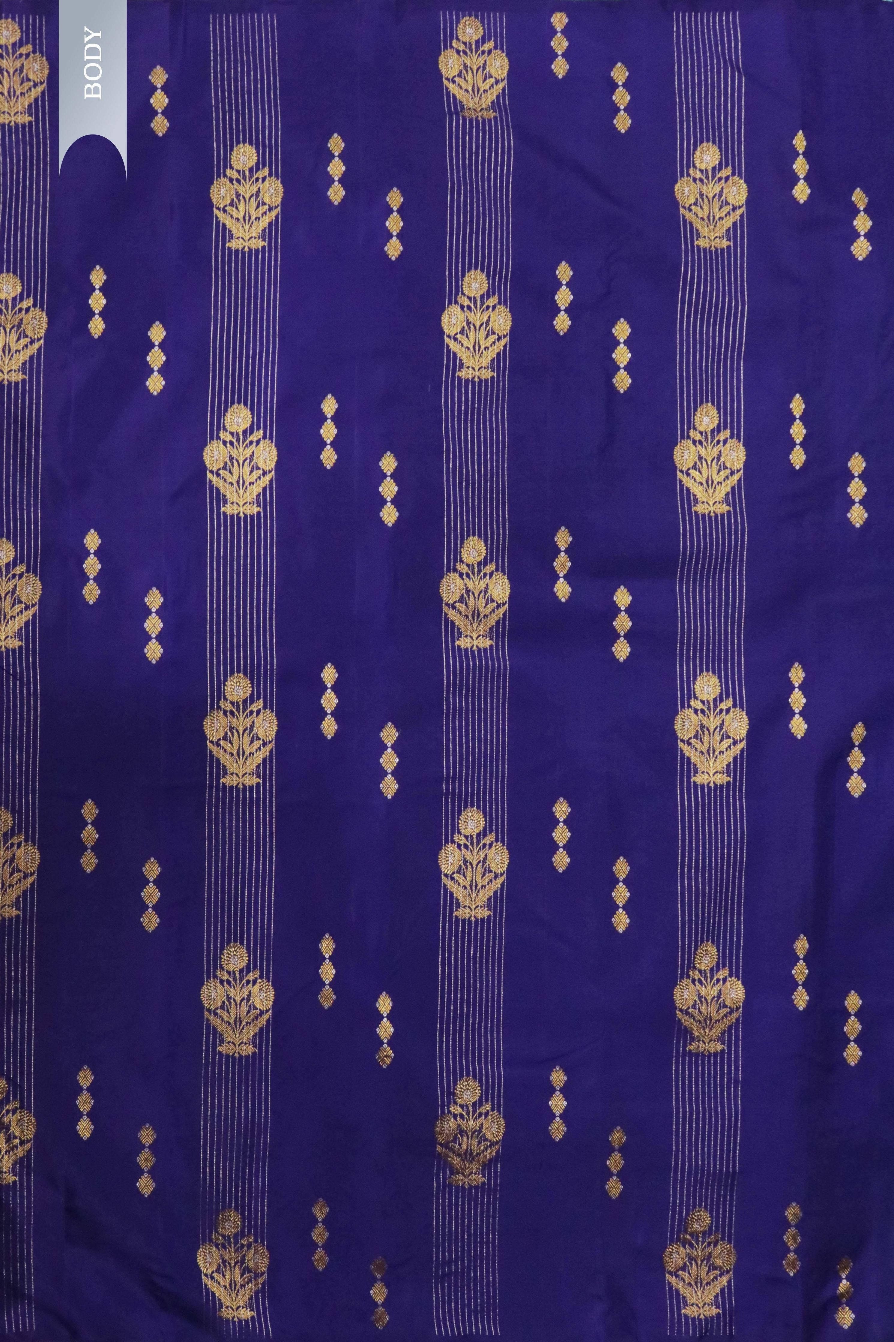 Ink Blue Kanchivaram Silk Saree with Zari Buttas & Contrast Pallu - Mokshaa