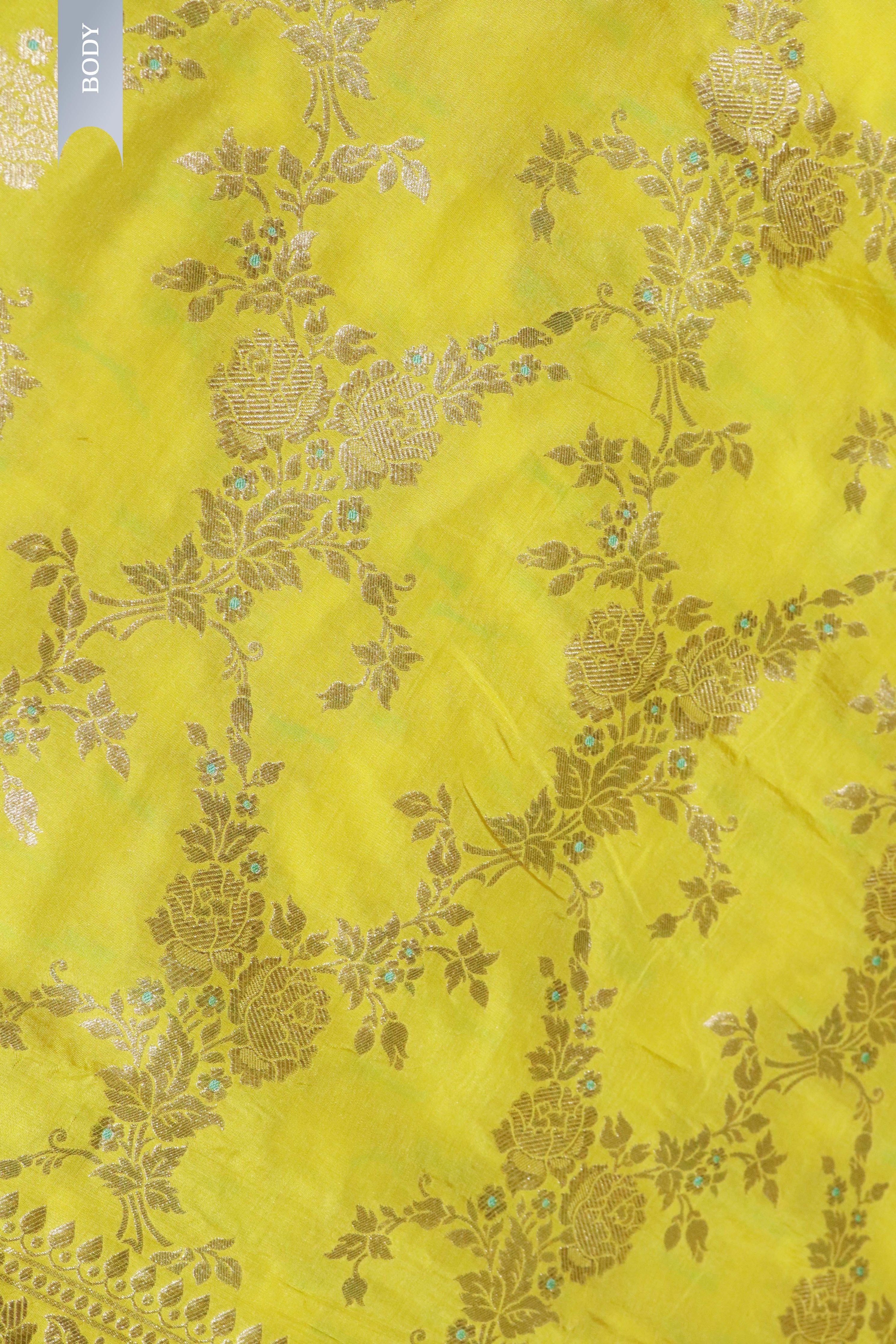 Lemon Yellow Banarasi Silk Saree with Zari Jaal - Mokshaa