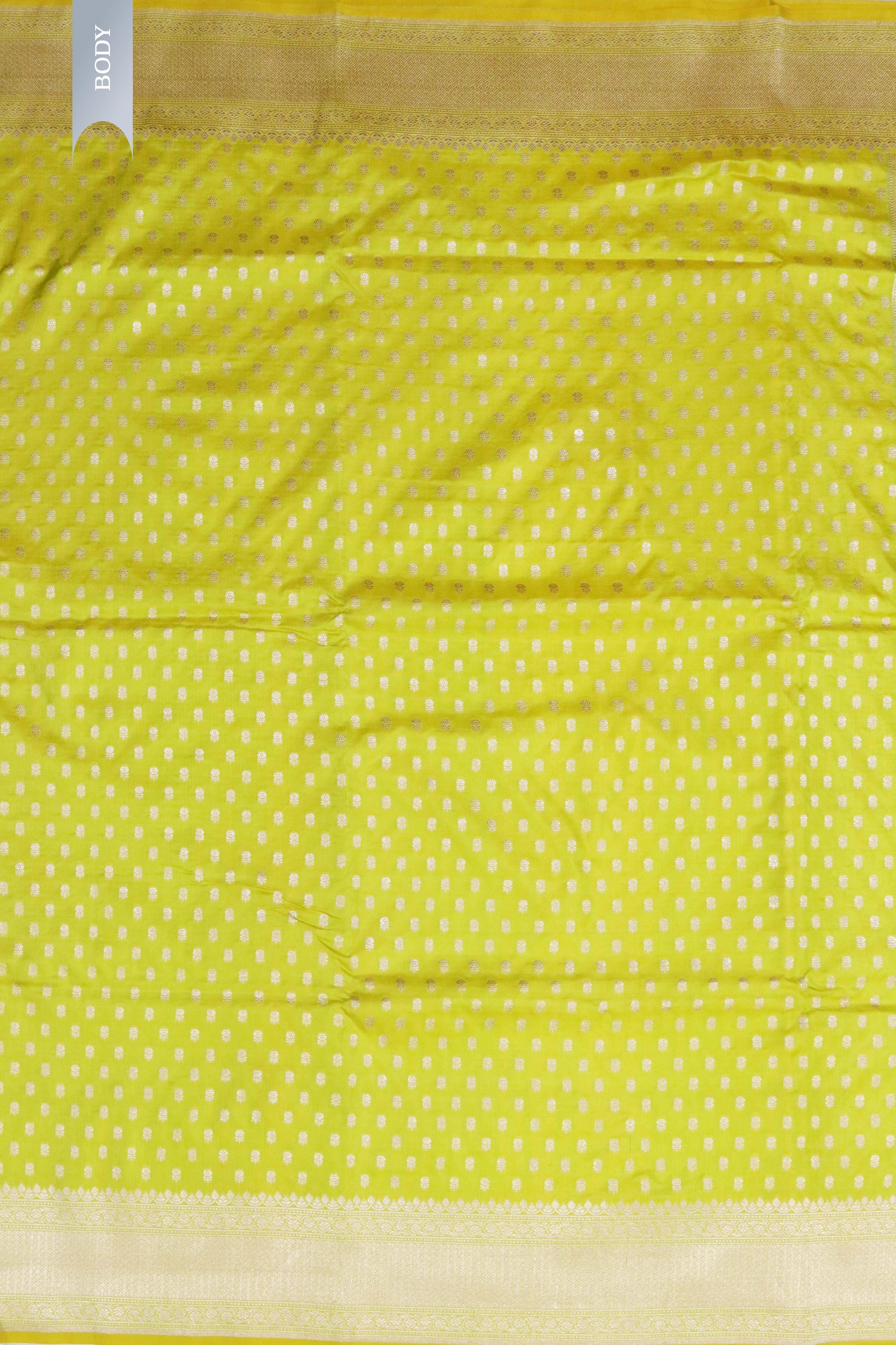 Lemon Yellow Banarasi Silk Saree with Small Butti & Zari Border - Mokshaa