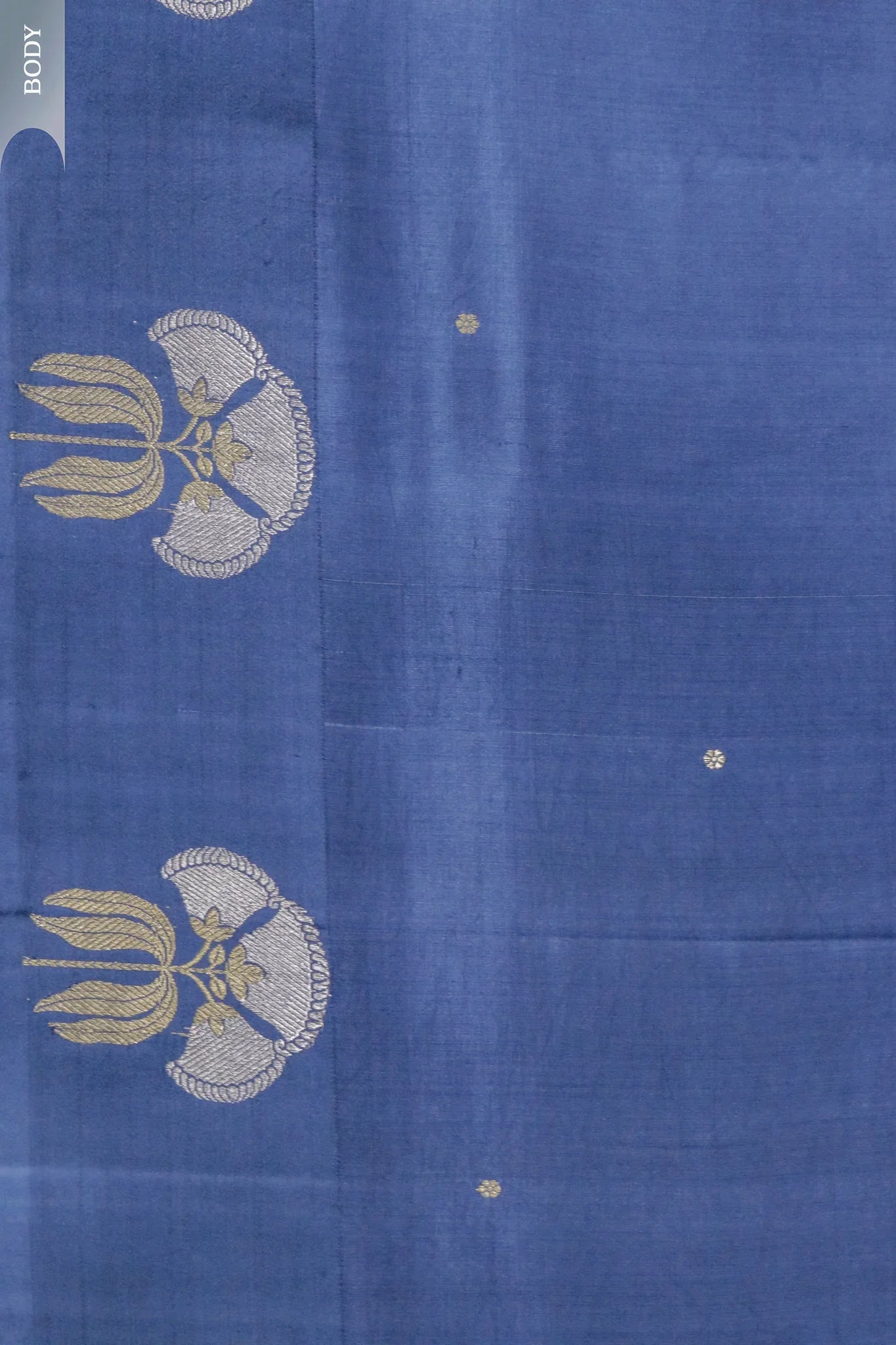Midnight Blue Banarasi Chanderi Silk Saree with Floral Buttas & Satin Border - Mokshaa