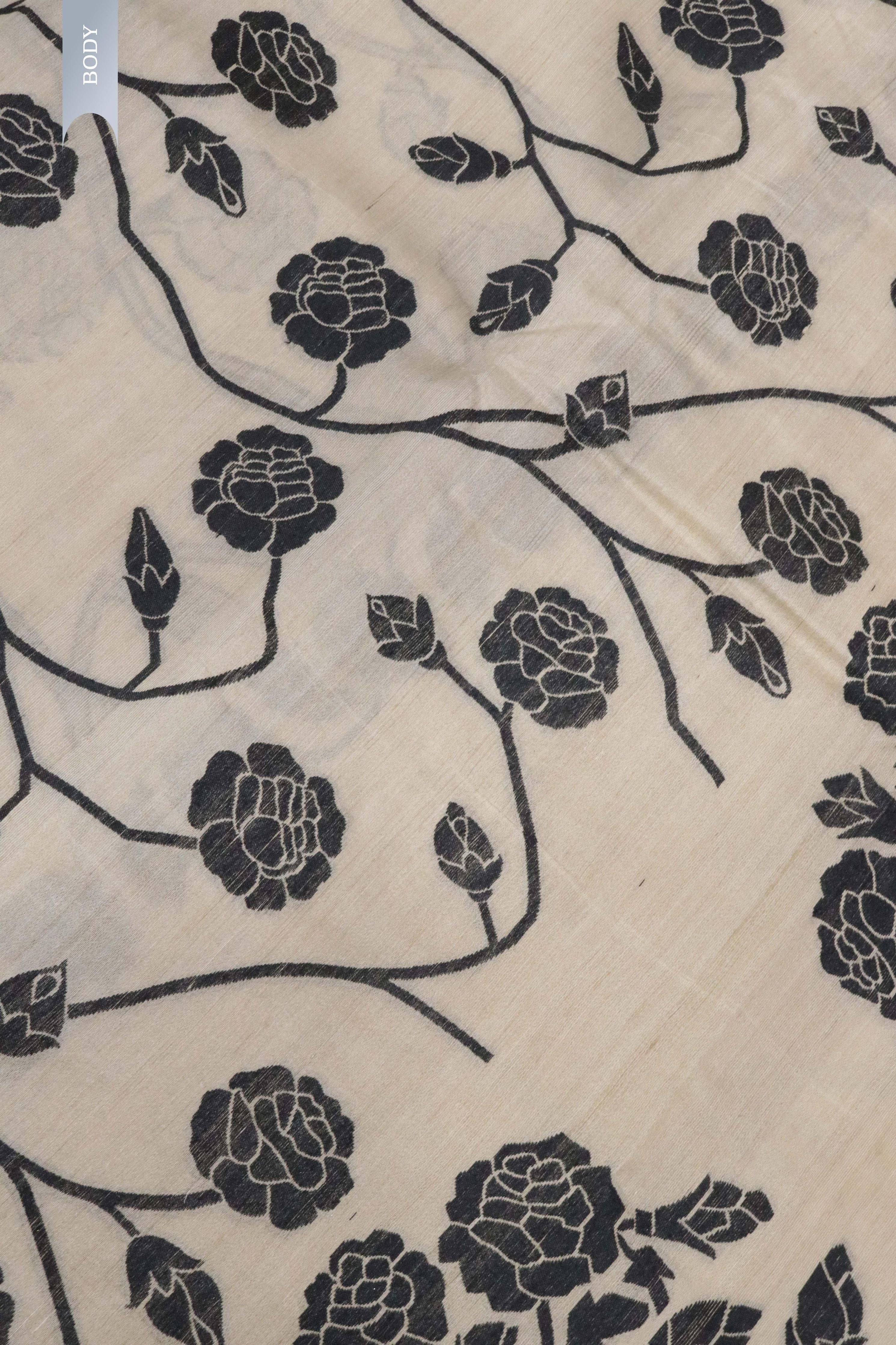 Beige Banarasi Handloom Saree with Black Thread Jaal - Mokshaa