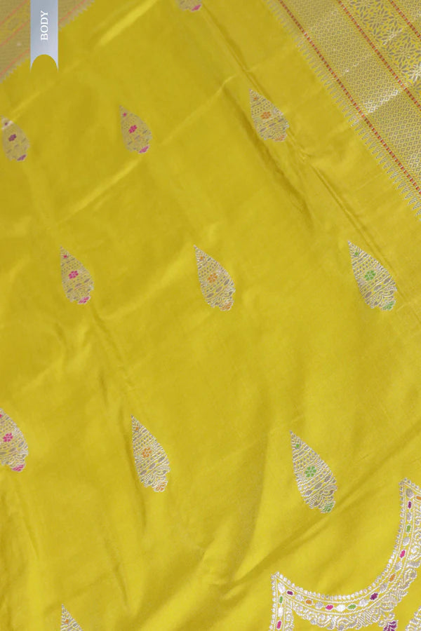 Mustard Banarasi Silk Saree with Fancy Butti and Contrast Blouse | Saree | Mokshaa