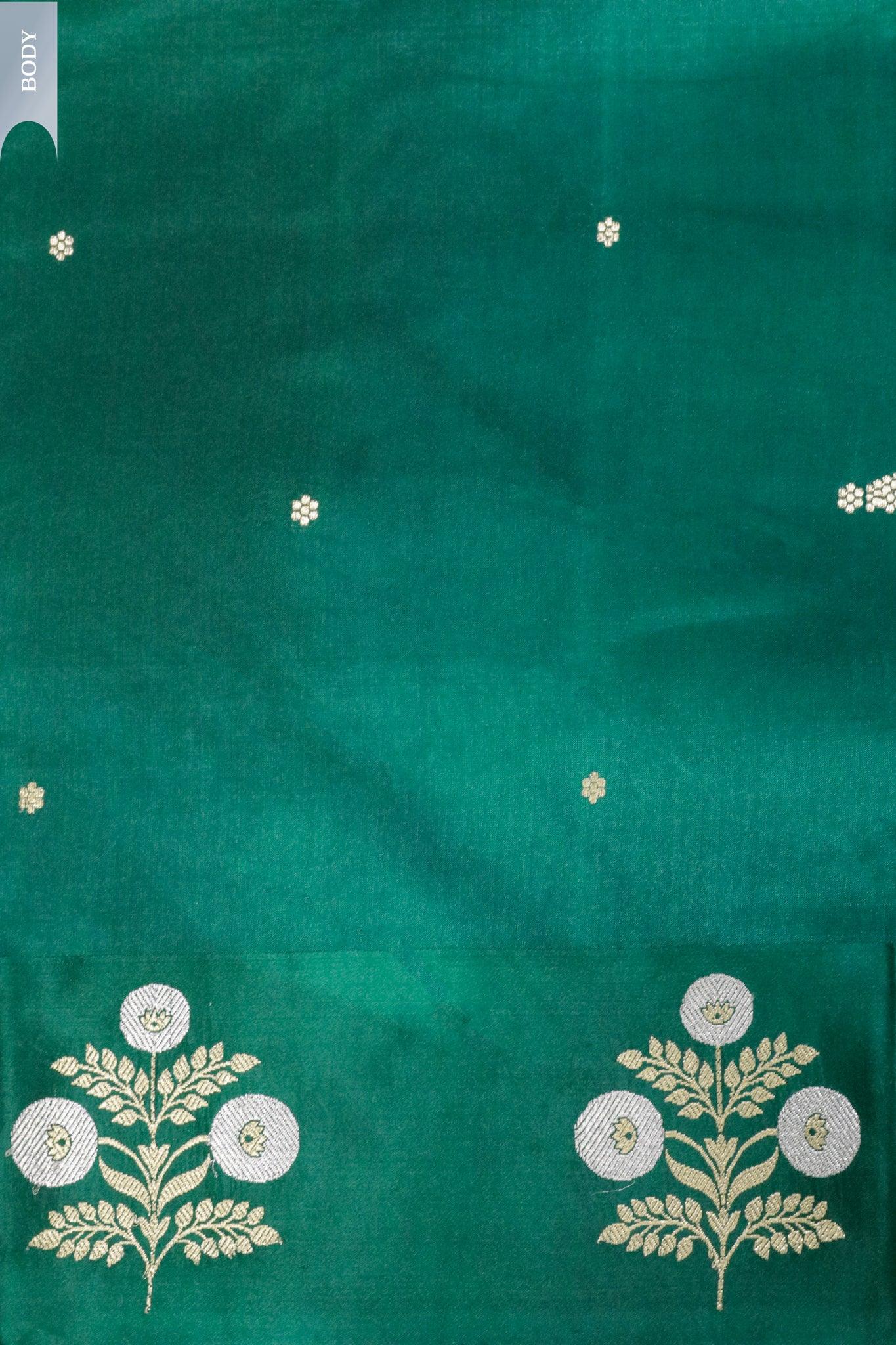 Bottle Green Banarasi Silk Saree with Butta Border & Mustard Blouse - Mokshaa