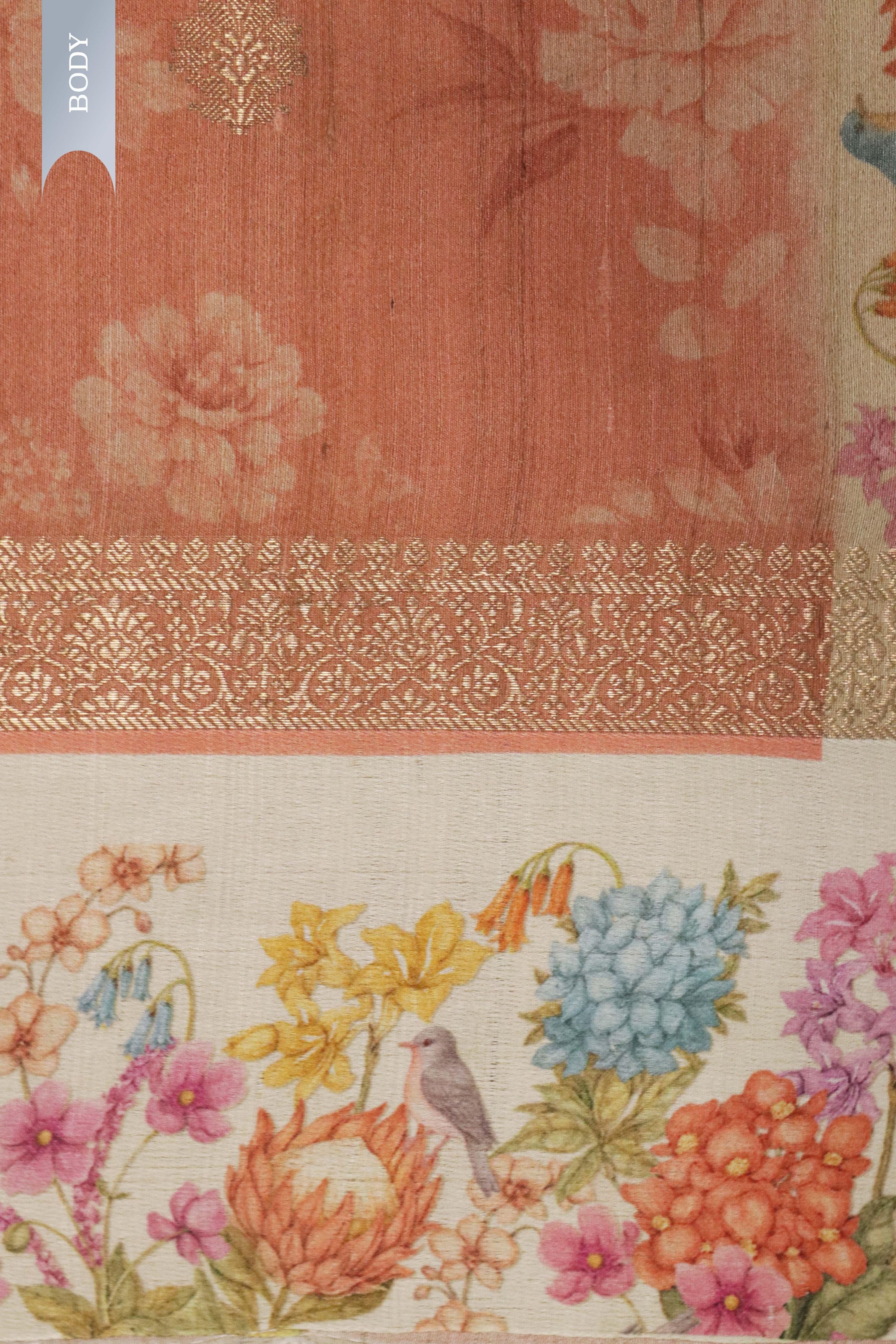 Peach Tussar Silk Saree with Golden Buttas & Floral Printed Border - Mokshaa
