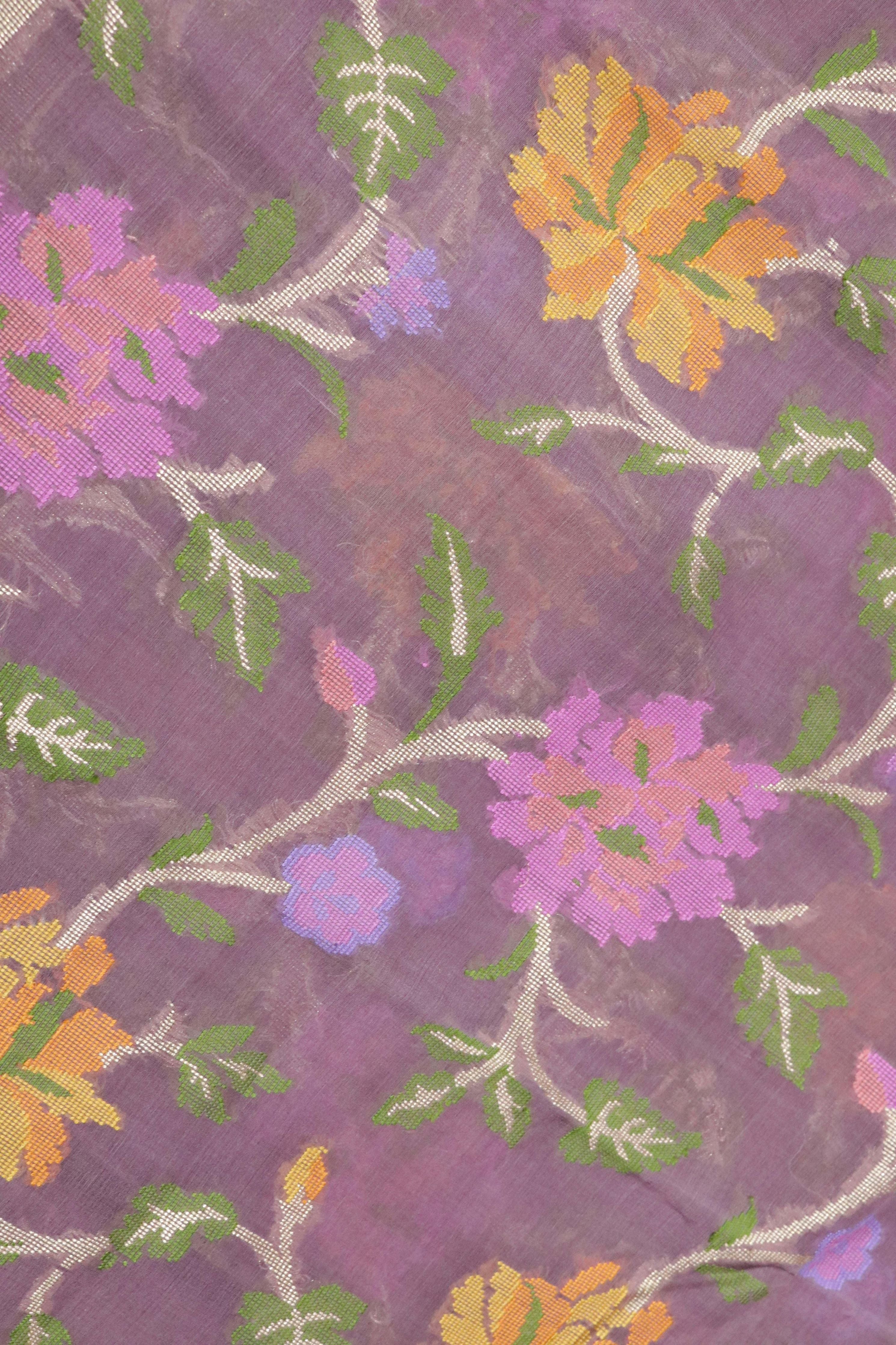 Violet Banarasi Kora Silk Saree with Zari & Multicolor Thread Jaal - Mokshaa