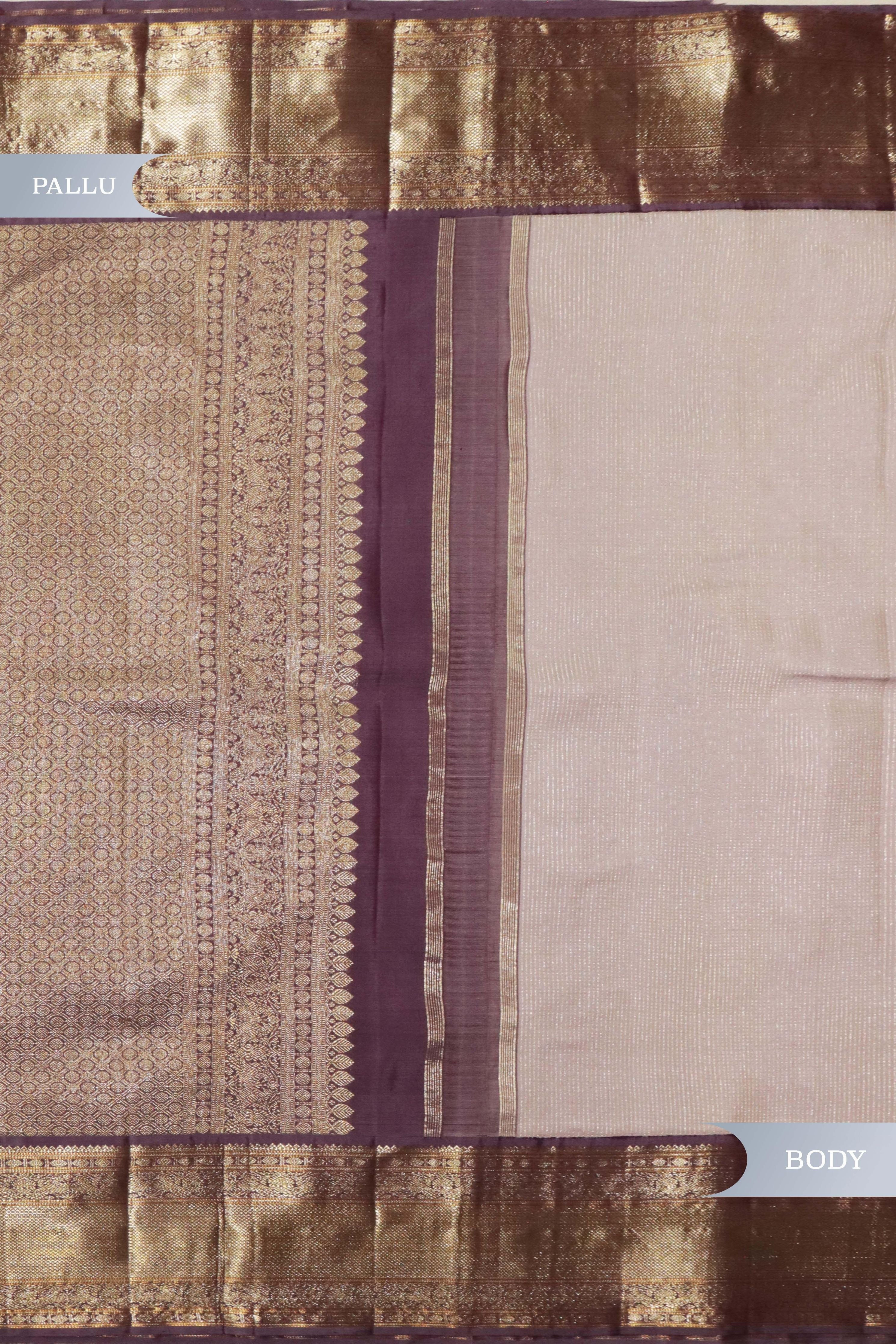 Beige Kanchivaram Silk Saree with Zari Stripes & Contrast Maroon Pallu - Mokshaa