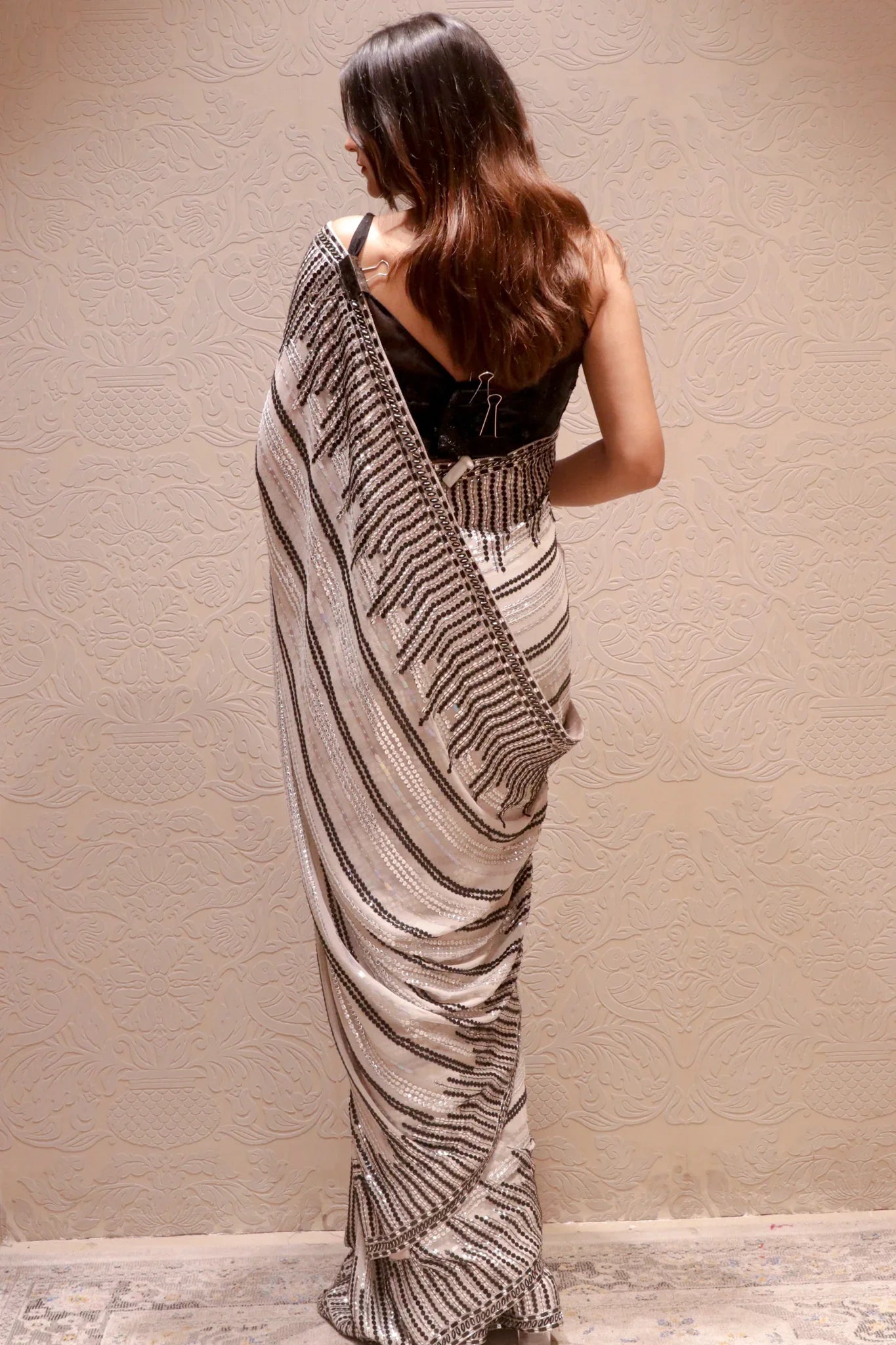 Light Grey Georgette Saree with Silver & Black Sequin Detailing - Mokshaa