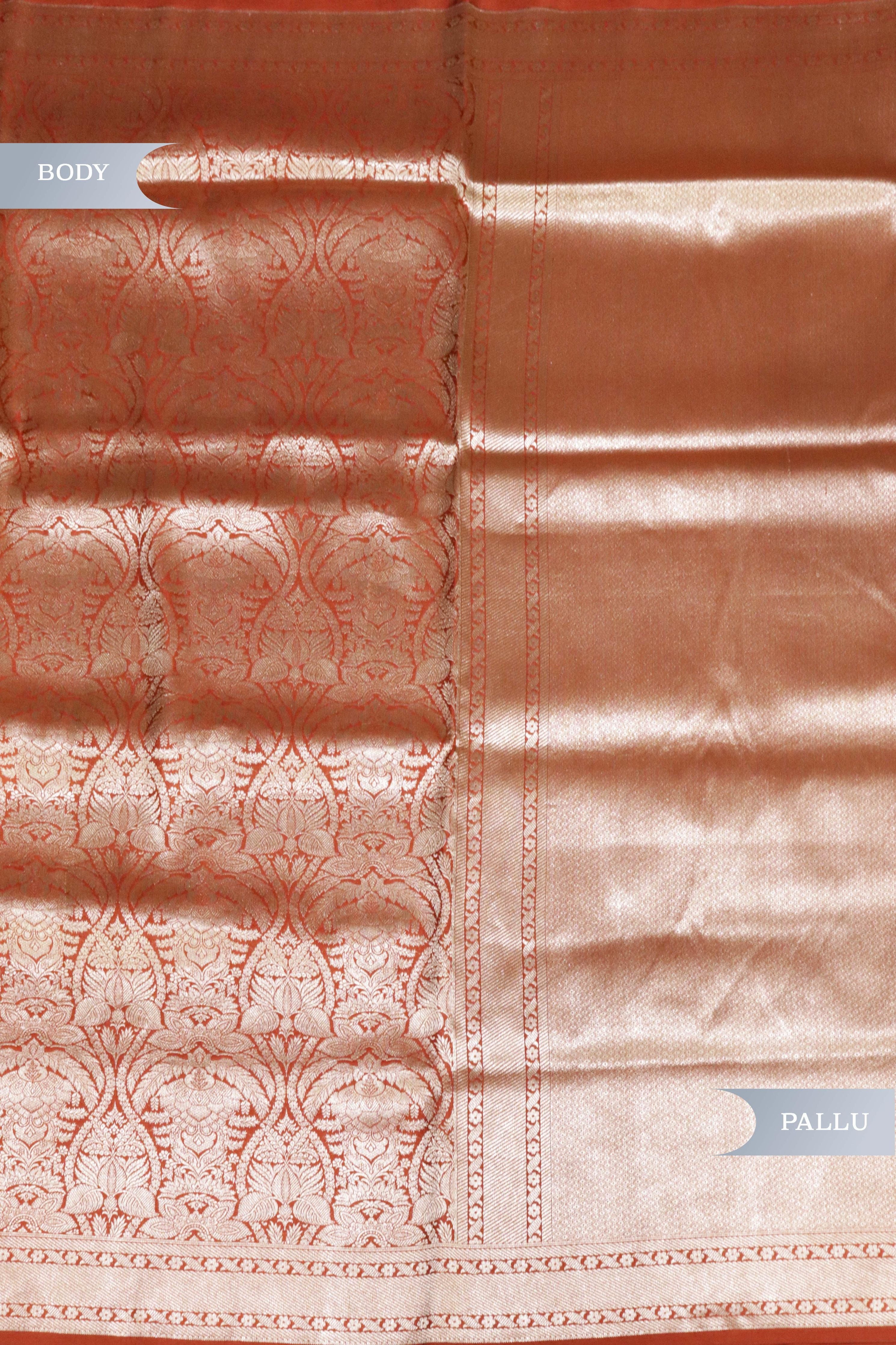 Orange Banarasi Silk Saree with Brocade Zari Jaal and Zari Border - Mokshaa