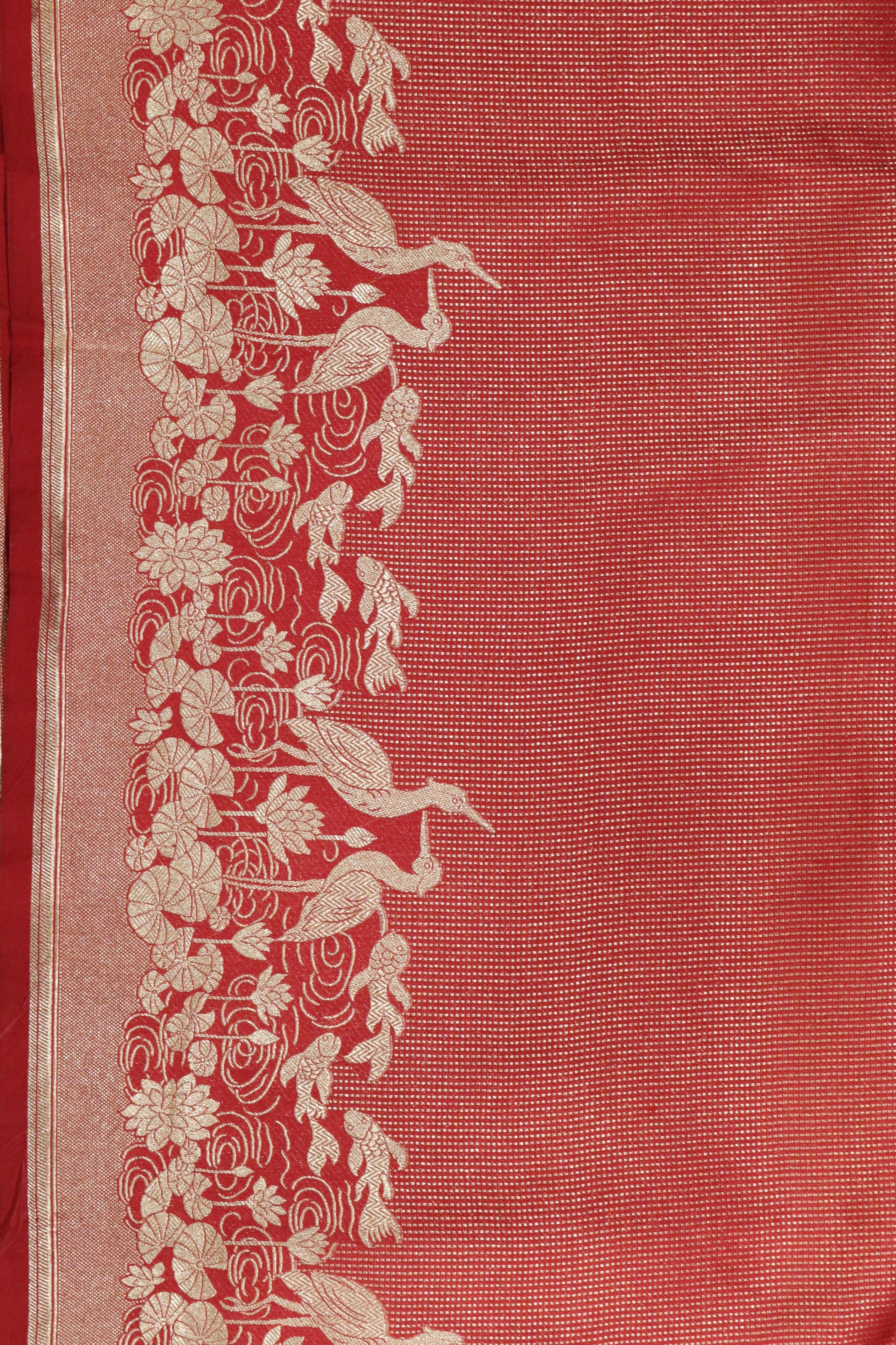 Maroon Banarasi Silk Saree with Zari Stripe Weaving & Fancy Border - Mokshaa