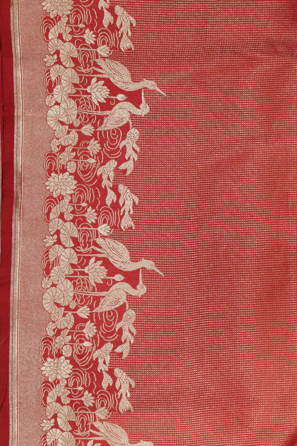 Red Banarasi Silk Saree with Self Zari Weaving and Ornate Fancy Border | Saree | Mokshaa