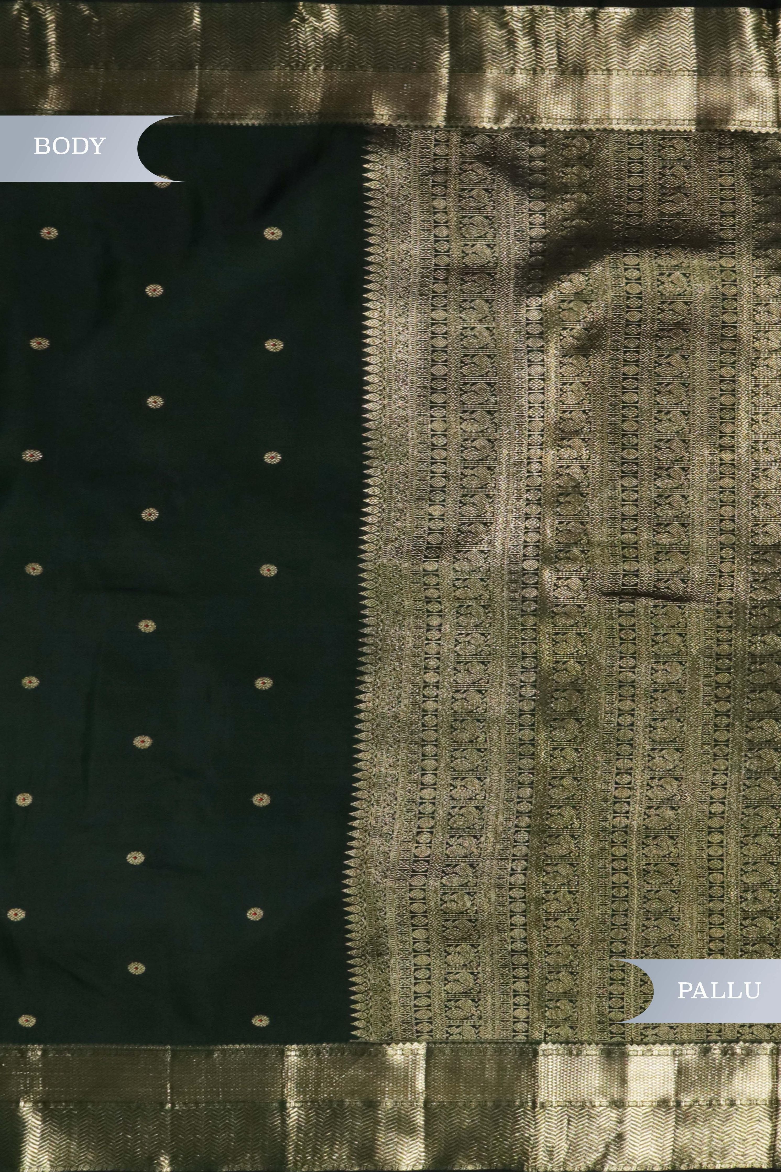 Bottle Green Kanchivaram Silk Saree with Zari Butti and Self Blouse - Mokshaa