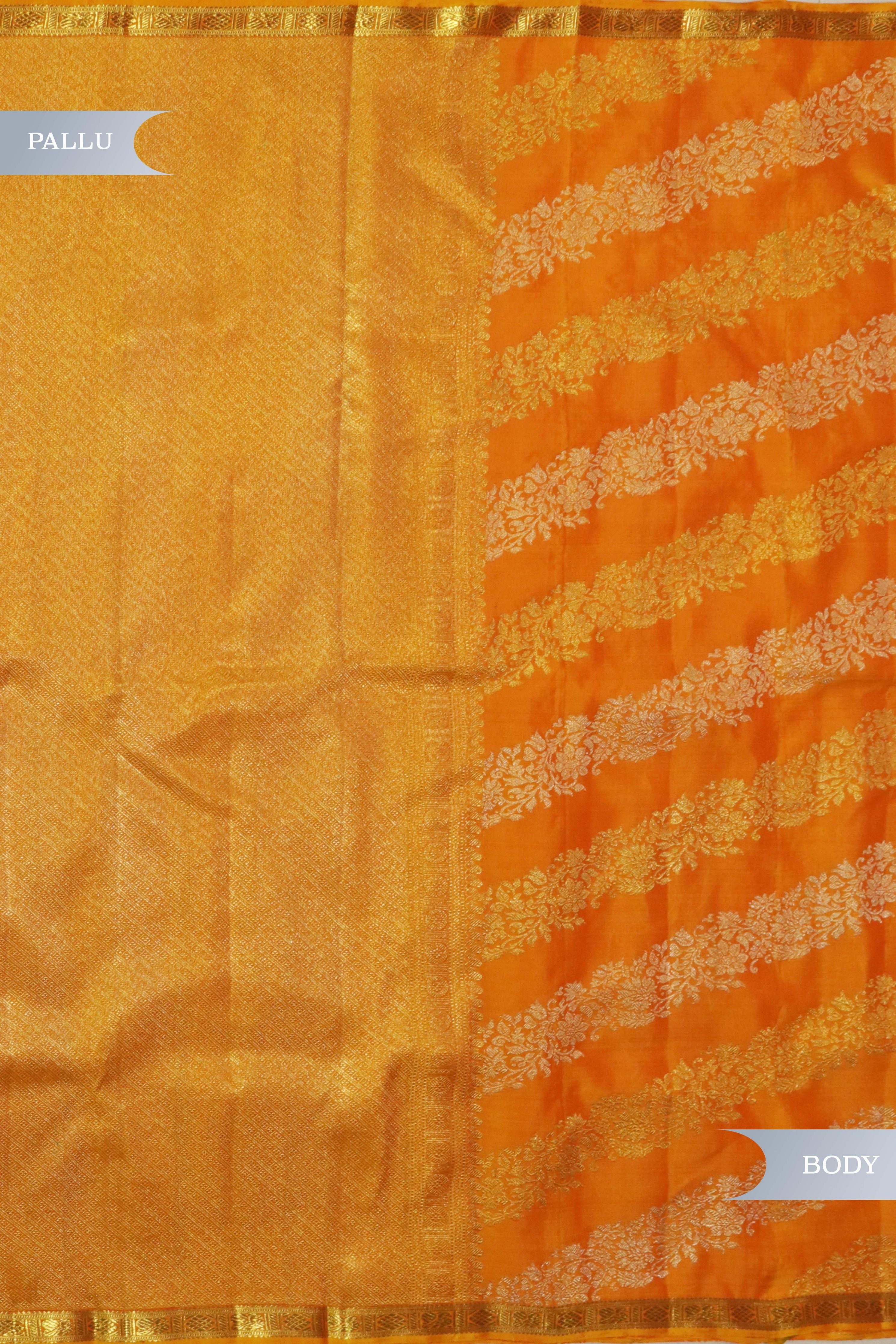 Mango Yellow Kanchivaram Silk Saree with Gold & Silver Stripes - Mokshaa