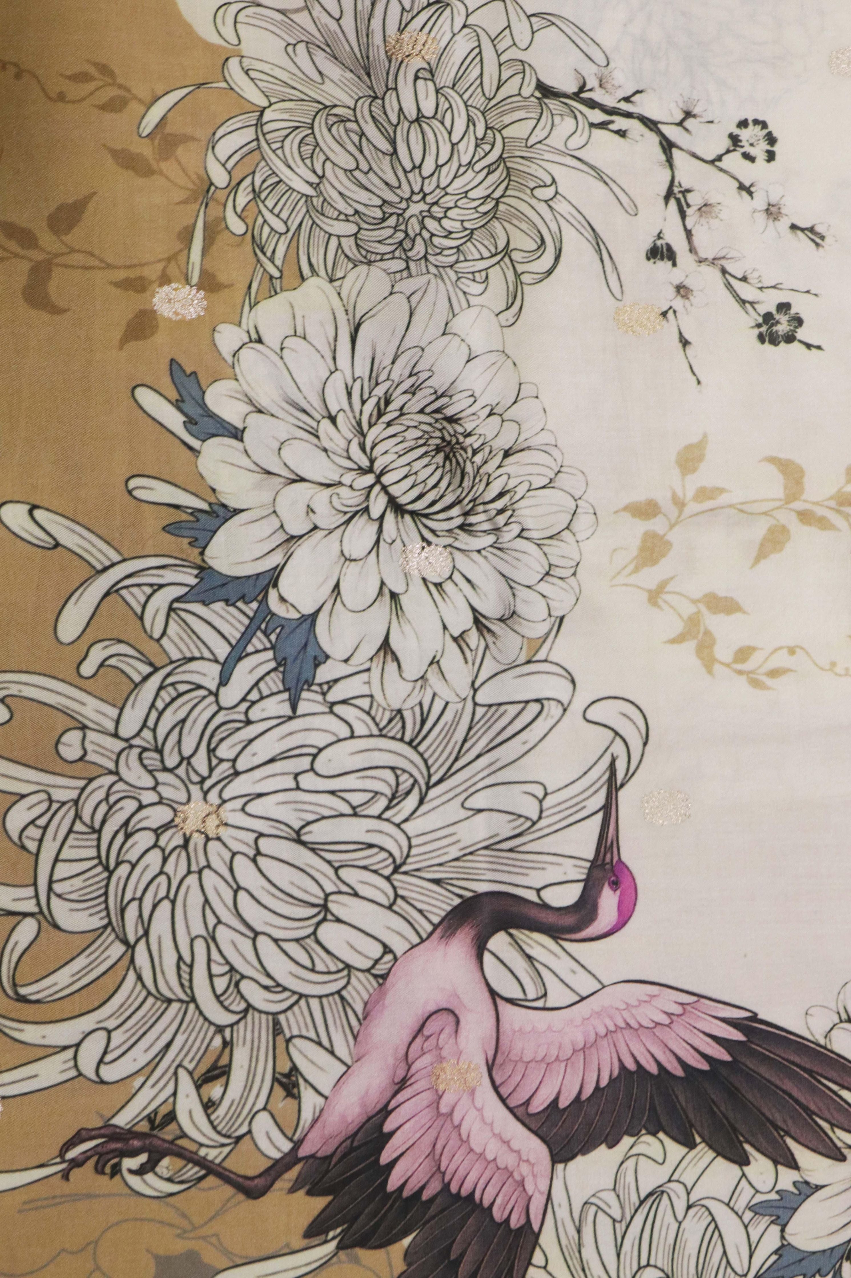 Off-White Gold Silk Saree Floral Animal Print with Zari Motifs - Mokshaa