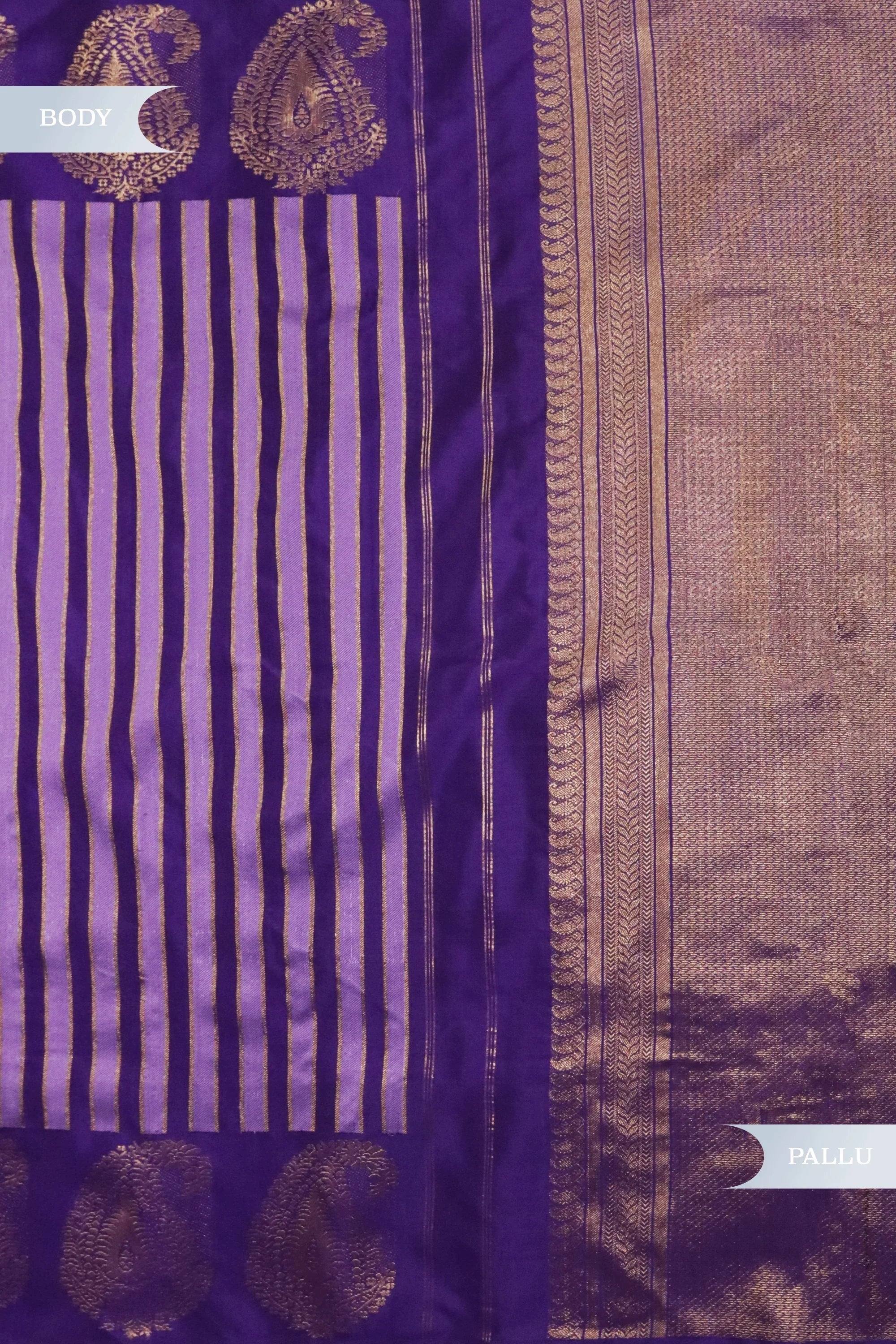 Purple Kanchivaram Silk Saree with Golden Stripes - Mokshaa