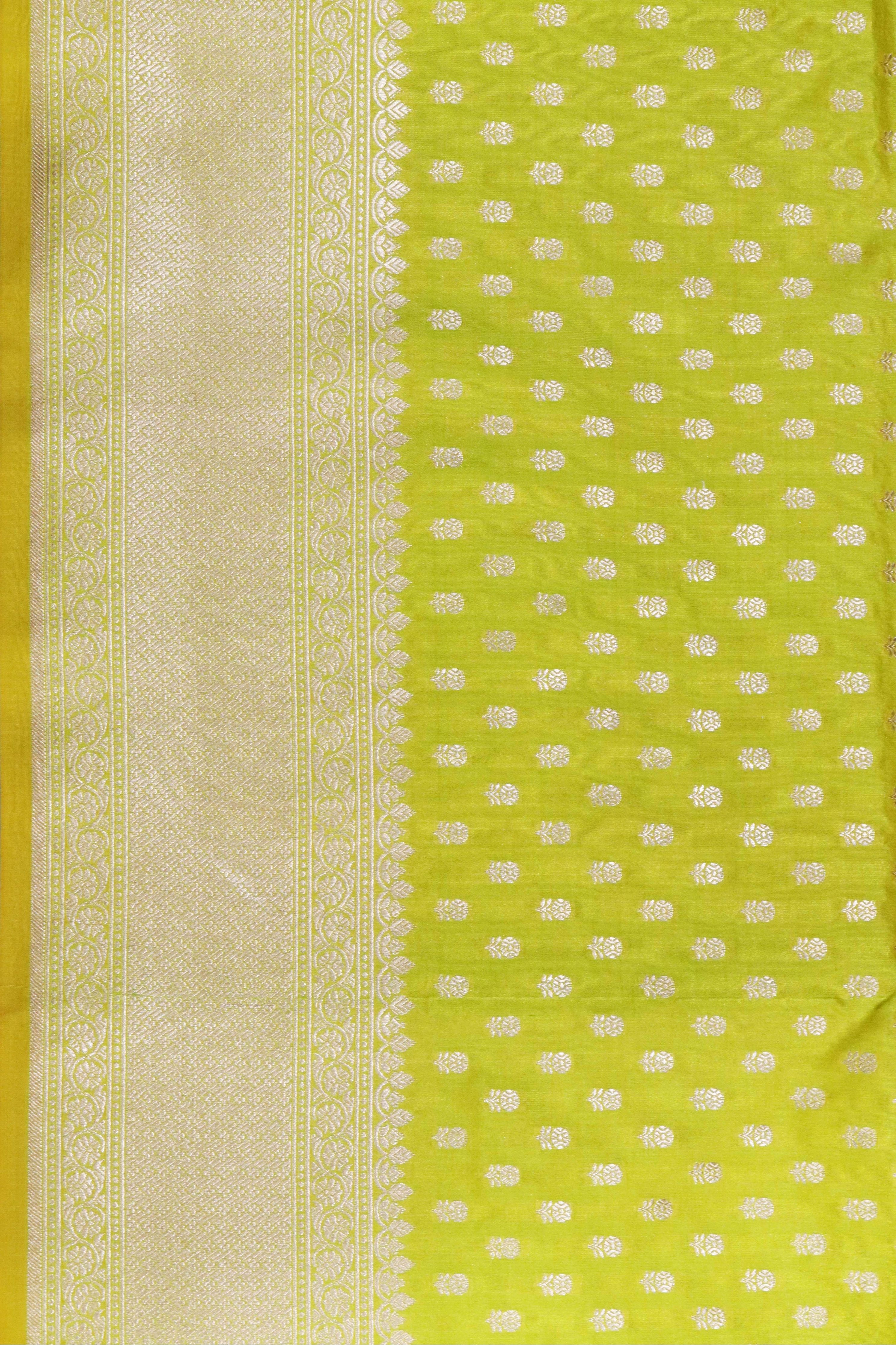 Lemon Yellow Banarasi Silk Saree with Small Butti & Zari Border - Mokshaa