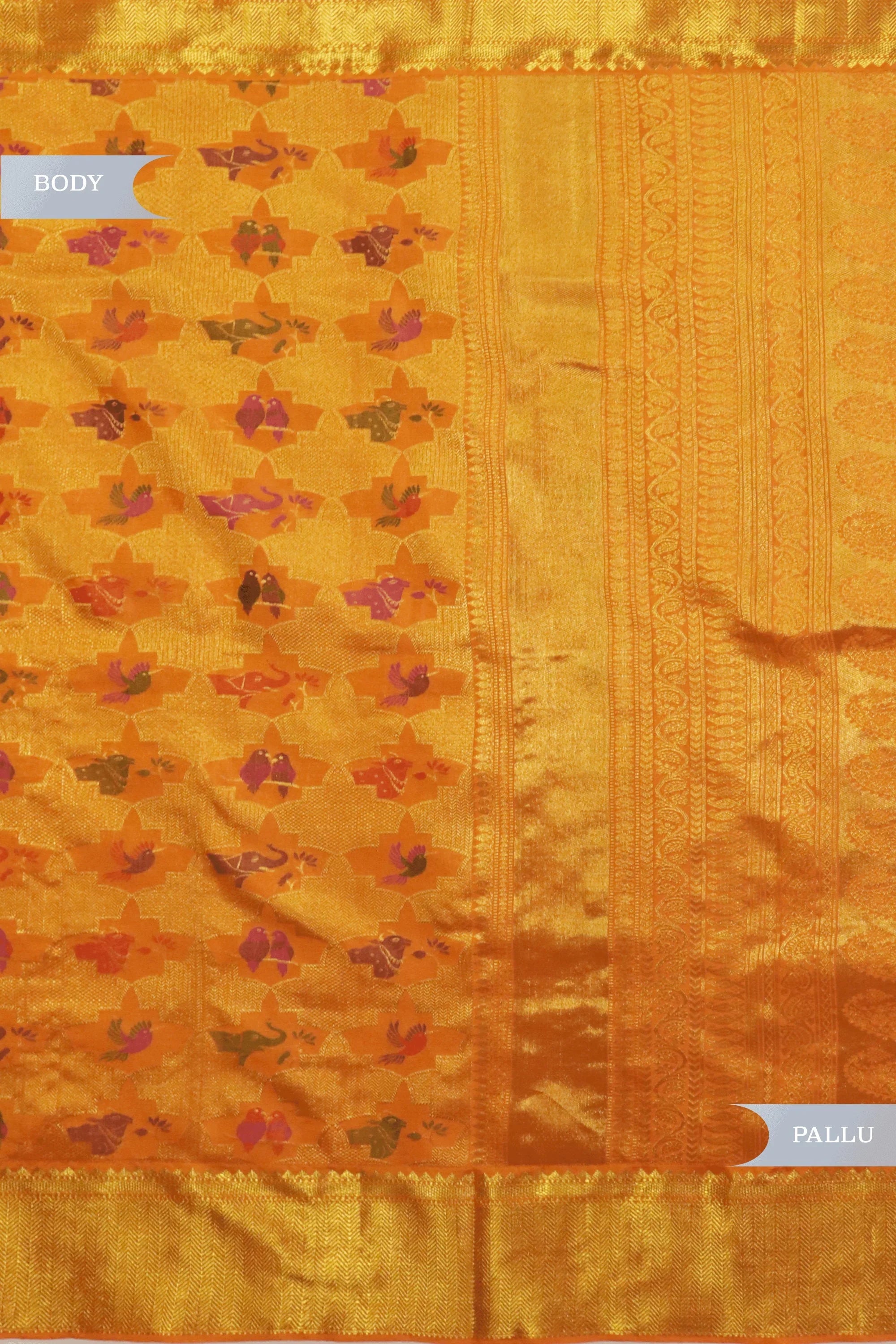 Koral Orange Kanchivaram Silk Saree with Zari & Meena Animal Motifs - Mokshaa