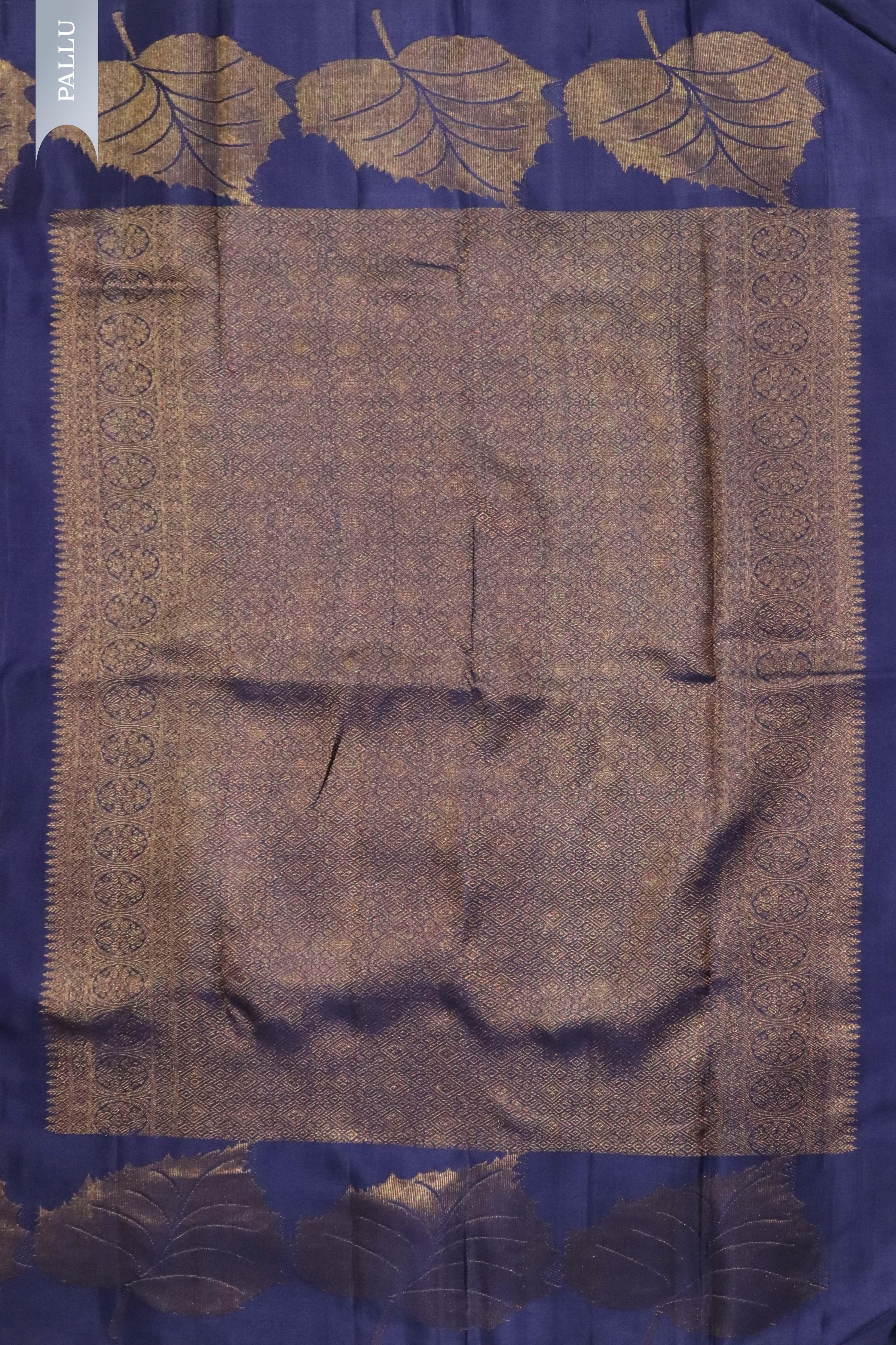 Navy Blue Kanchivaram Silk Saree with Gold Leaf Zari - Mokshaa