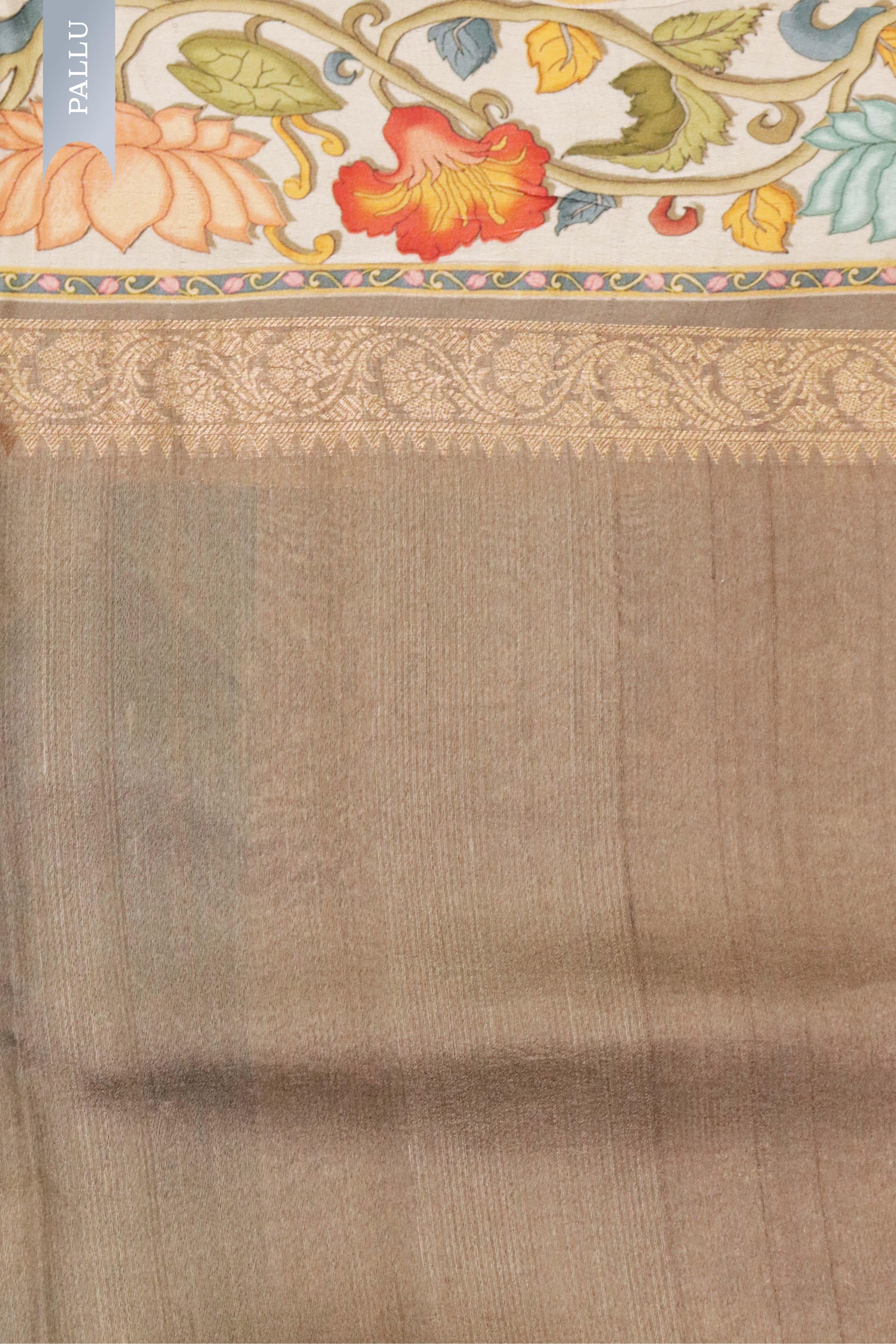 Blue-Green Tussar Silk Saree with Zari Motifs & Printed Border - Mokshaa