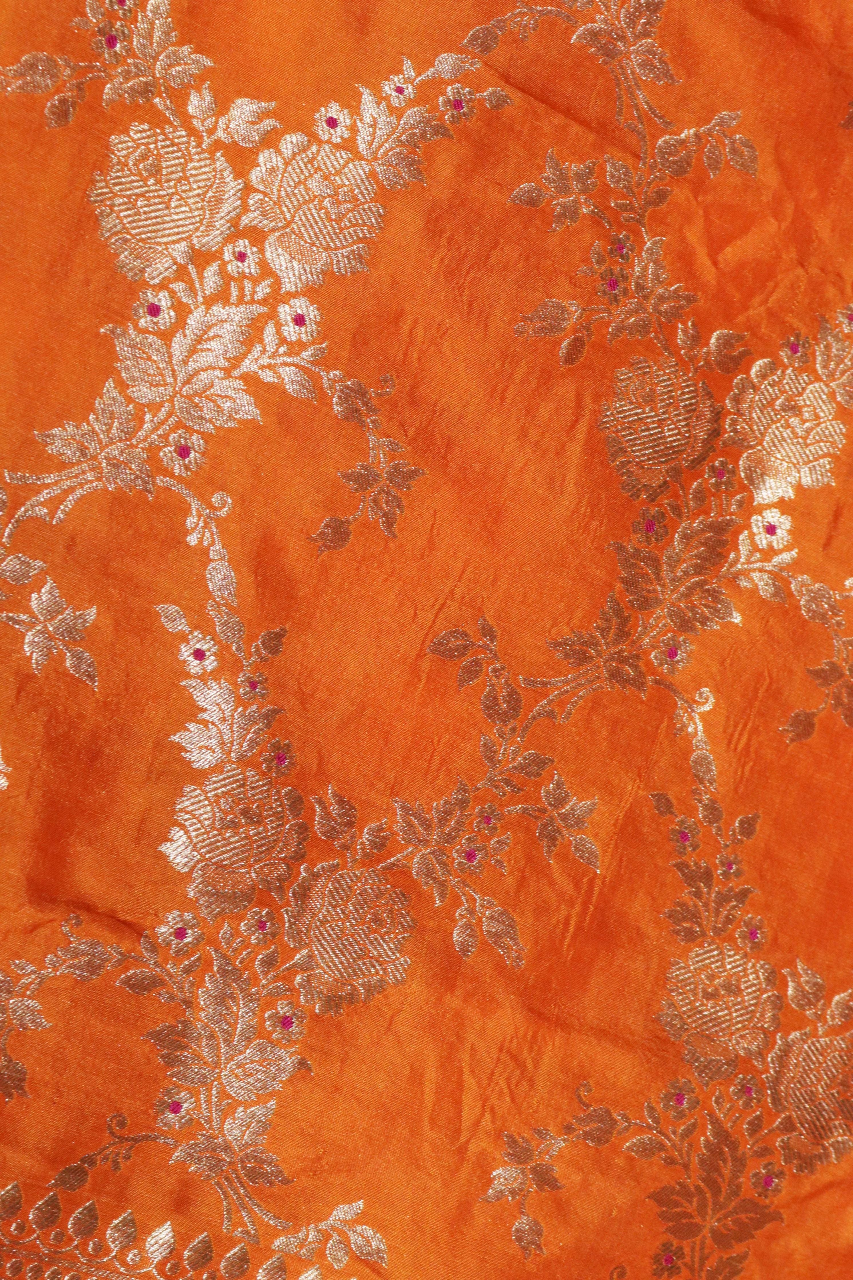 Orange Banarasi Silk Saree with Zari Jaal - Mokshaa