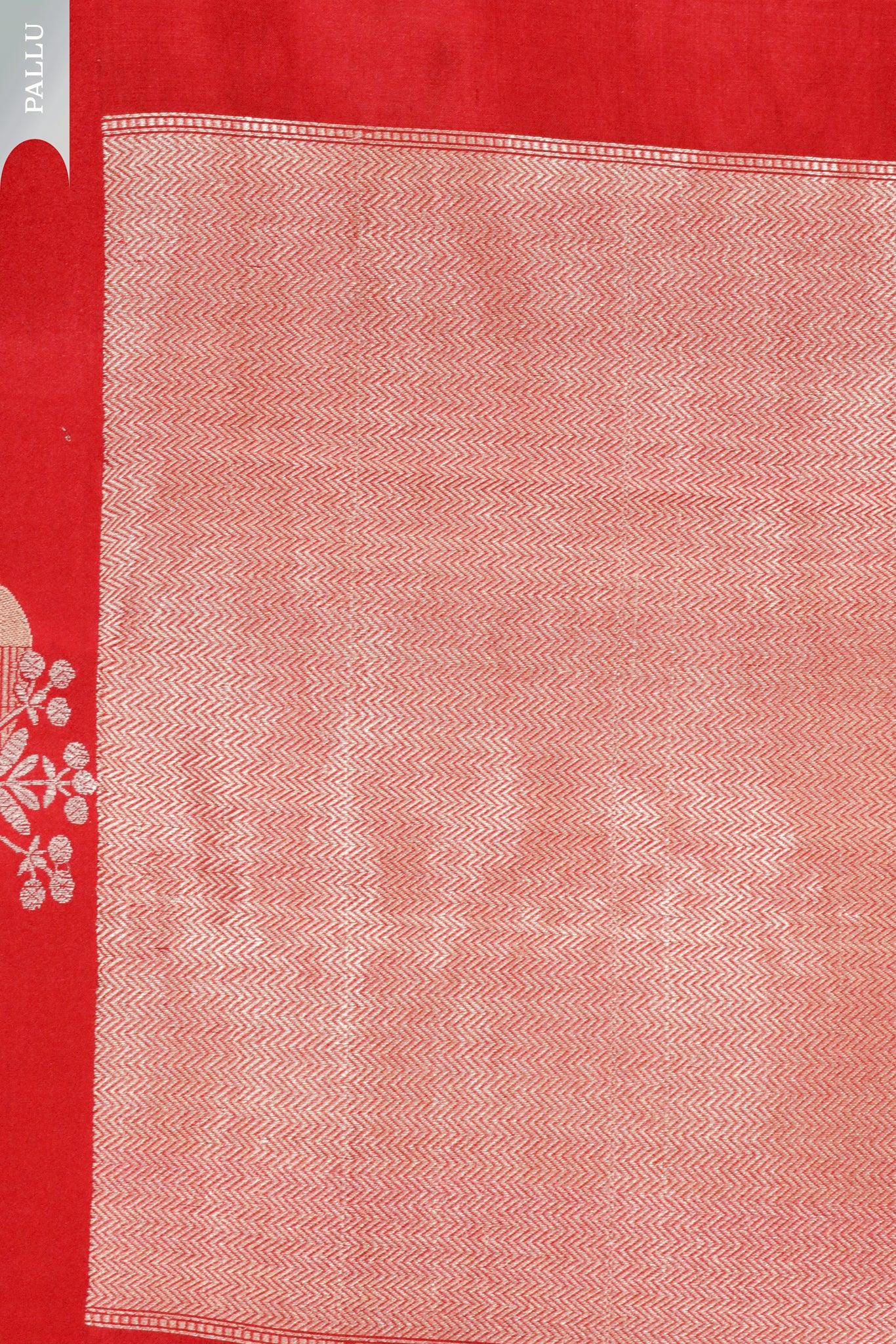 Maroonish red Banarasi Chanderi Silk Saree with Satin Border and Butta Weavin - Mokshaa