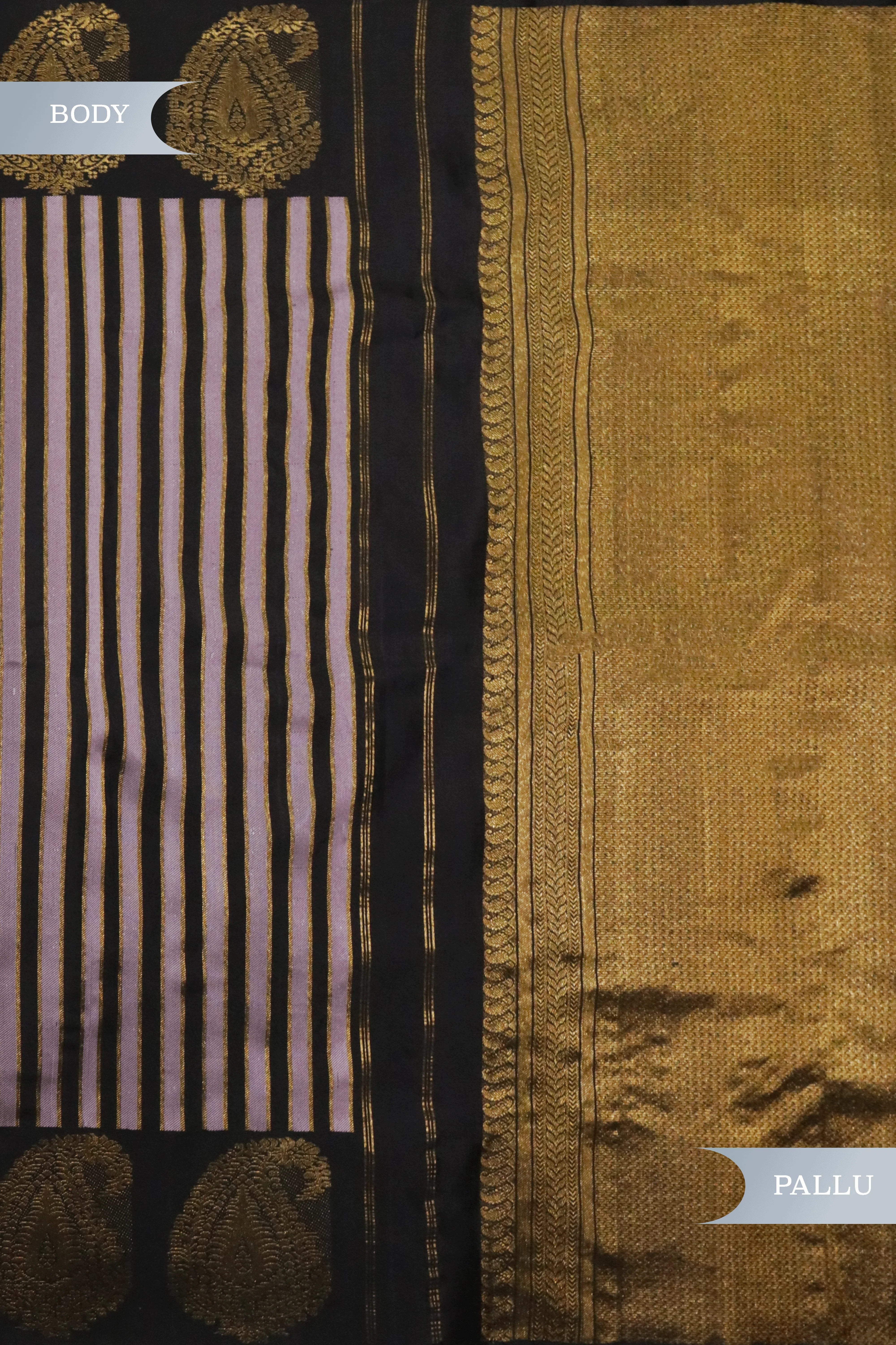 Black Kanchivaram Silk Saree with Golden Stripes & Buttas Border - Mokshaa