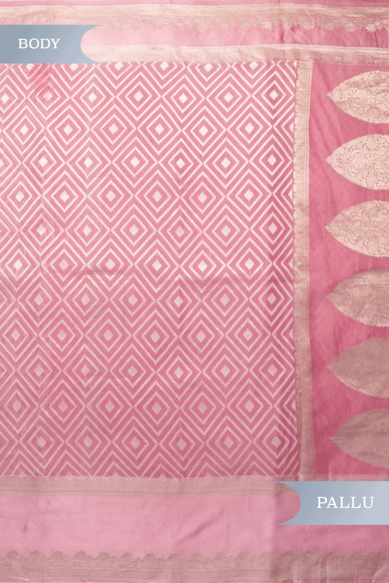 Baby Pink Banarasi Kora Saree with Geometric Weave & Satin Border - Mokshaa