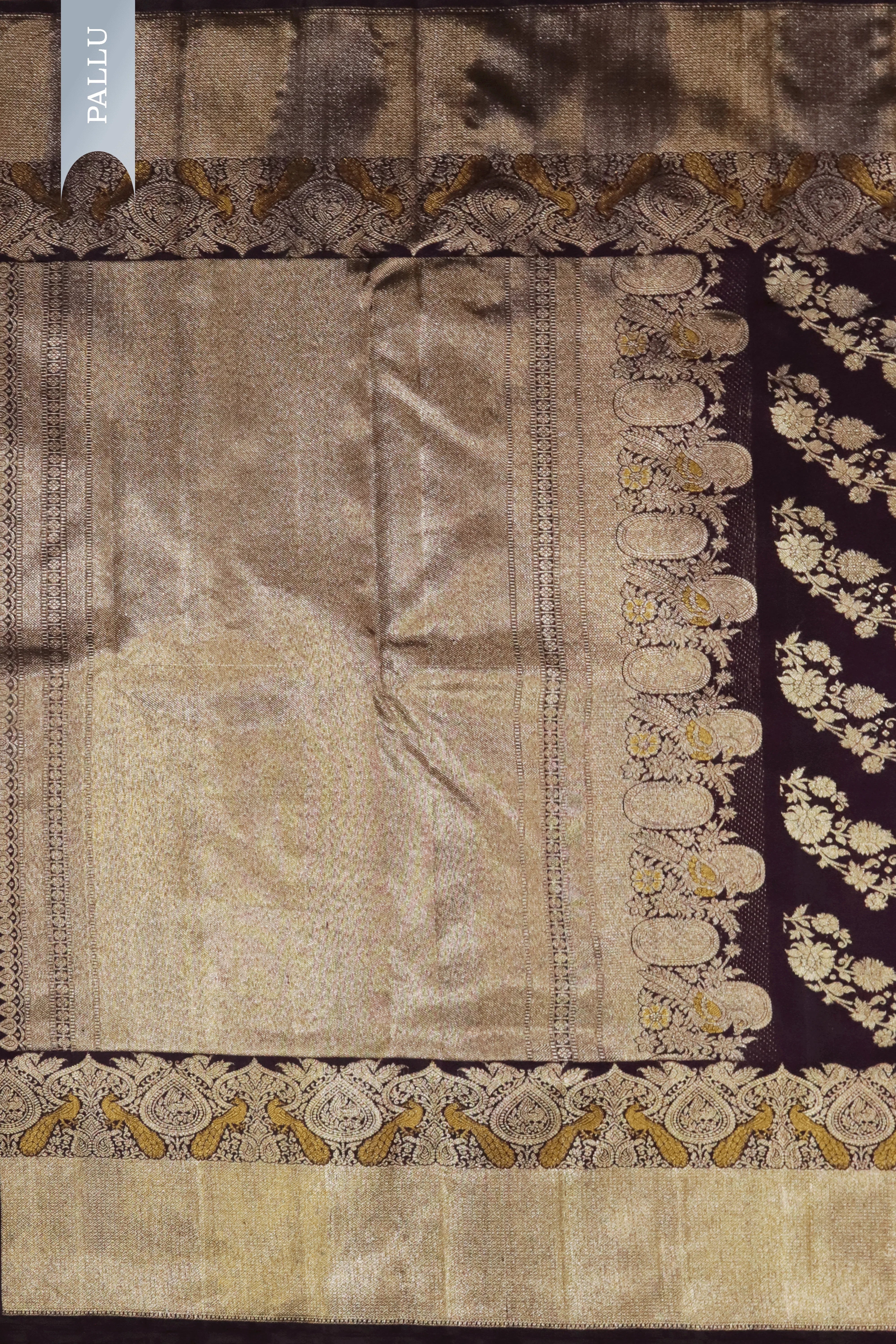 Dark Brown Kanchivaram Silk Saree with Peacock Motif Border - Mokshaa