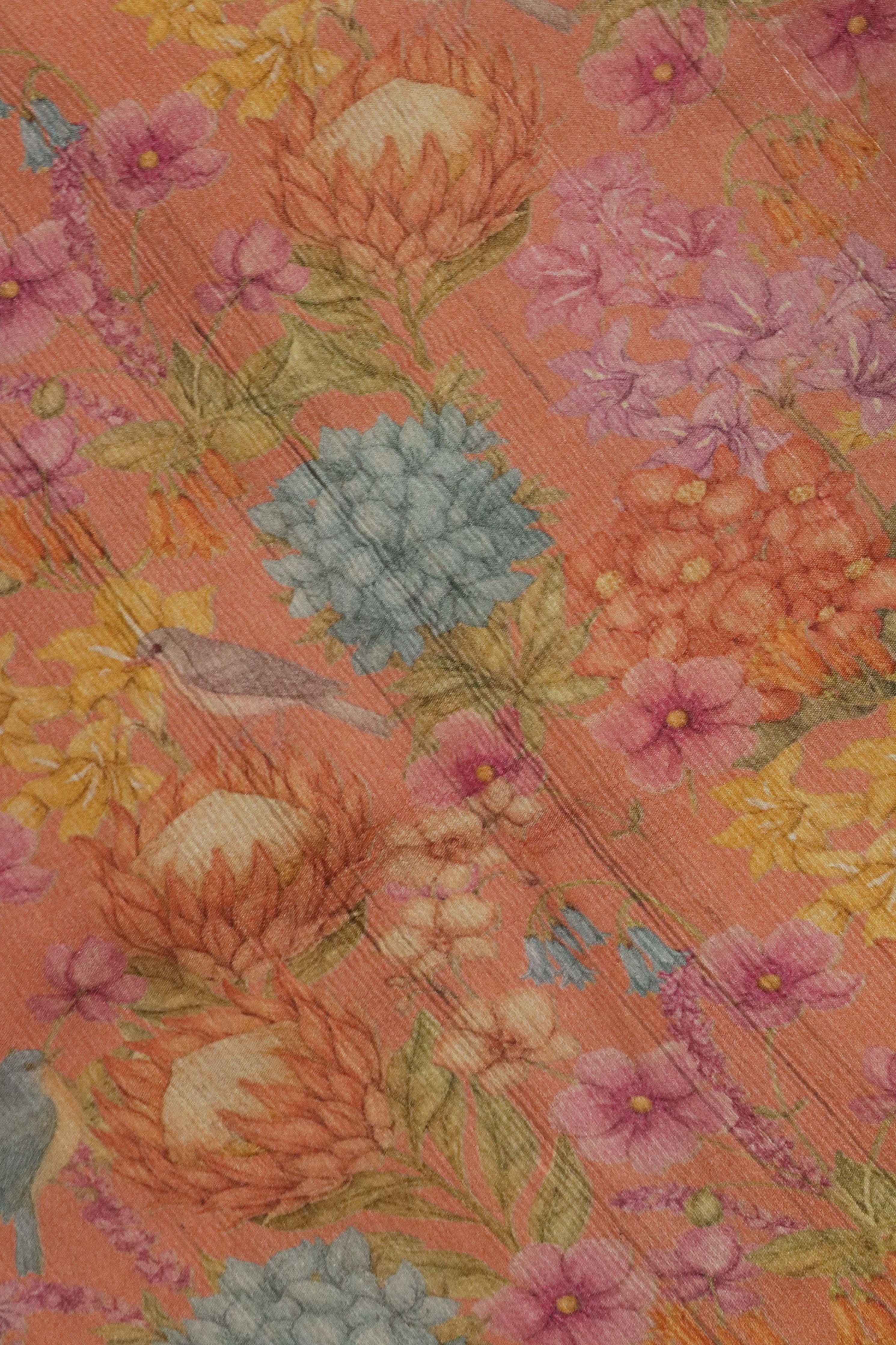Peach Tussar Silk Saree with Golden Buttas & Floral Printed Border - Mokshaa