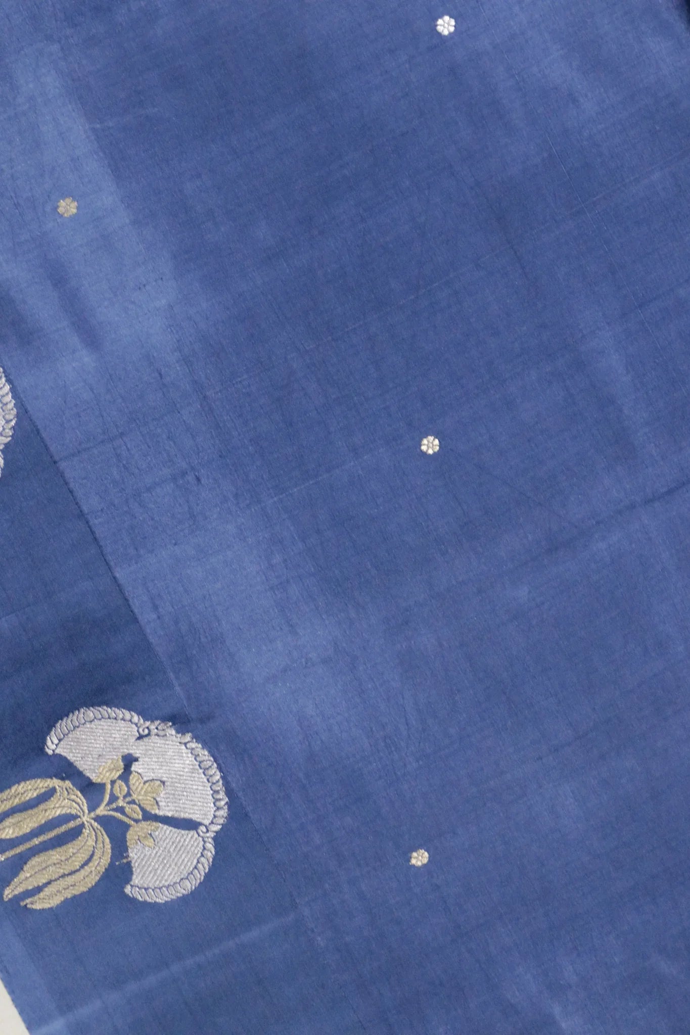 Midnight Blue Banarasi Chanderi Silk Saree with Floral Buttas & Satin Border - Mokshaa