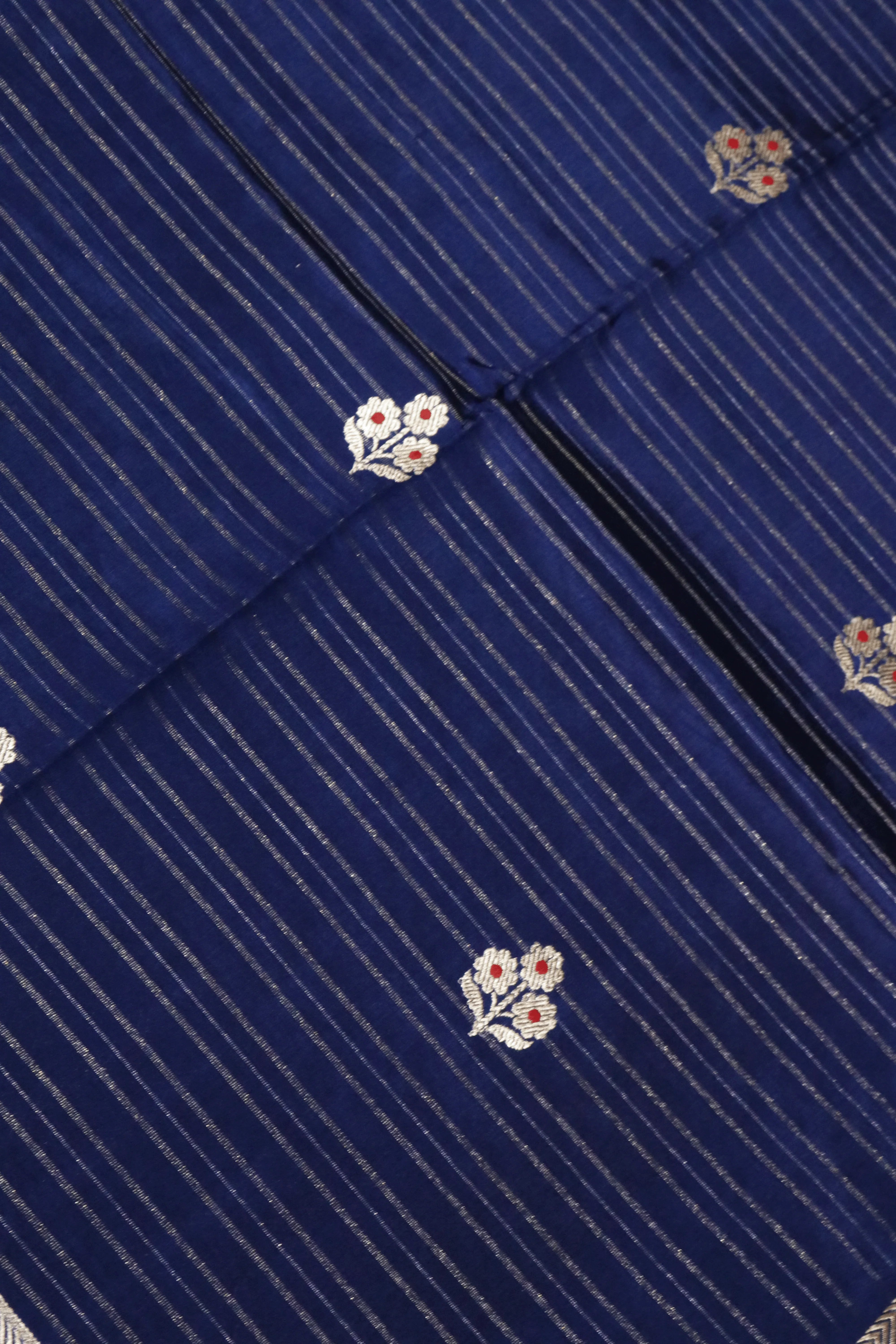 Blue Banarasi Chanderi Silk Saree with Zari Stripes and Butti - Mokshaa