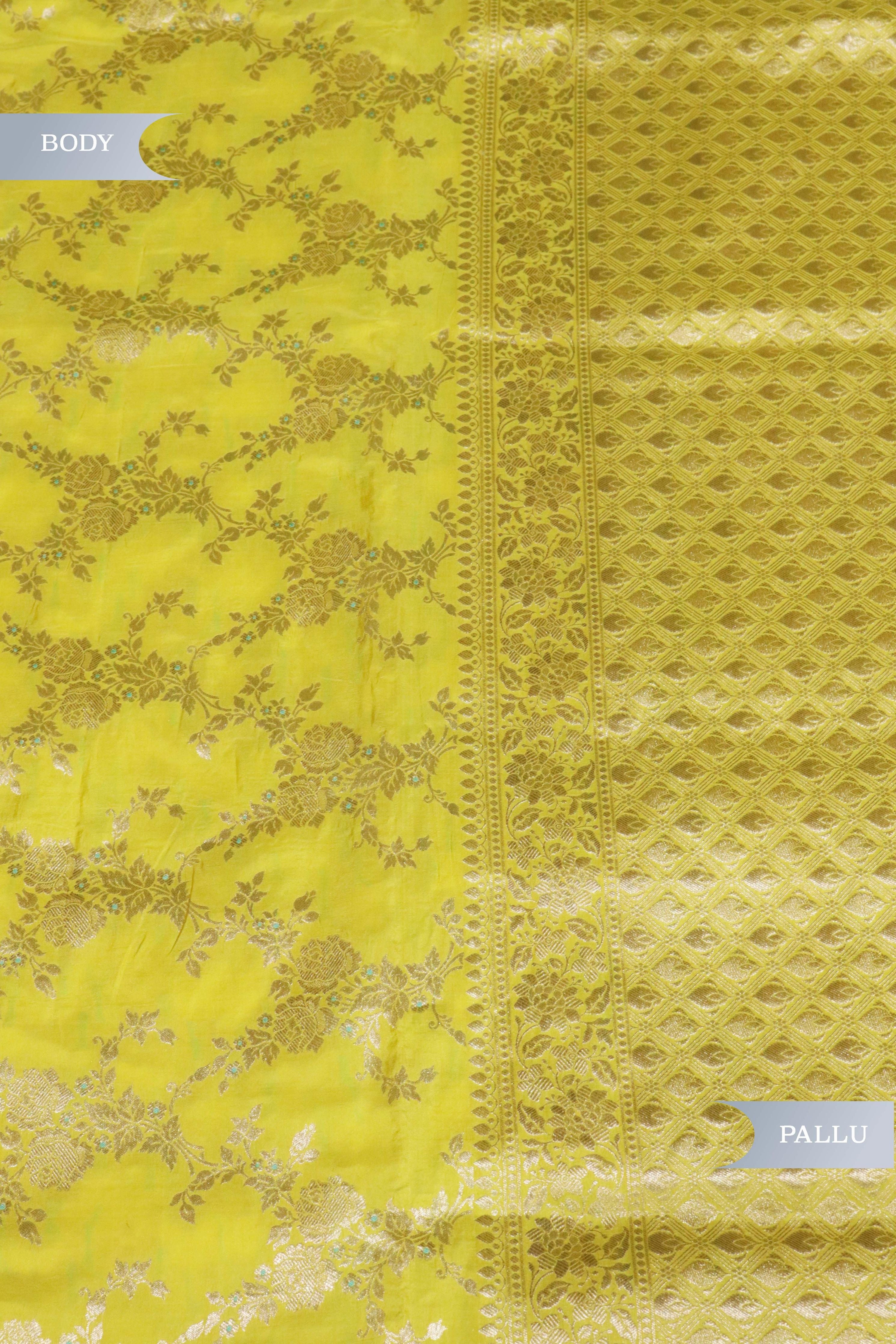 Lemon Yellow Banarasi Silk Saree with Zari Jaal - Mokshaa