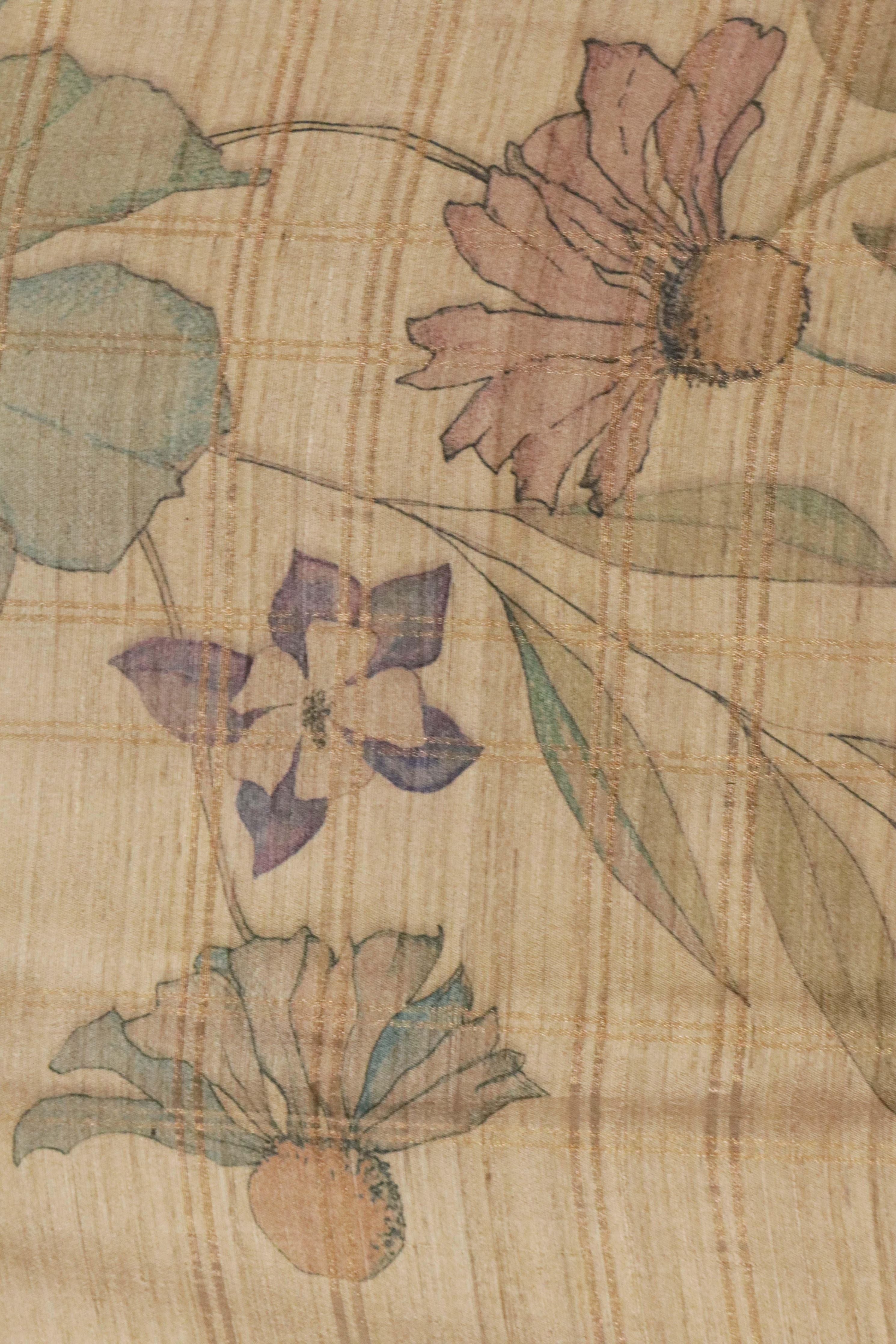 Beige Tussar Silk Saree with Zari Checks & Floral Print - Mokshaa