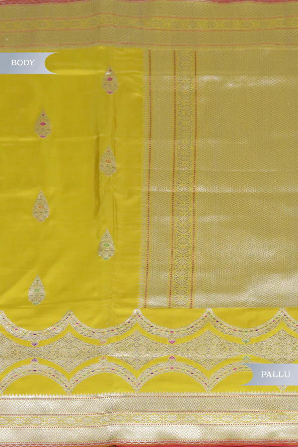 Mustard Banarasi Silk Saree with Fancy Butti and Contrast Blouse | Saree | Mokshaa