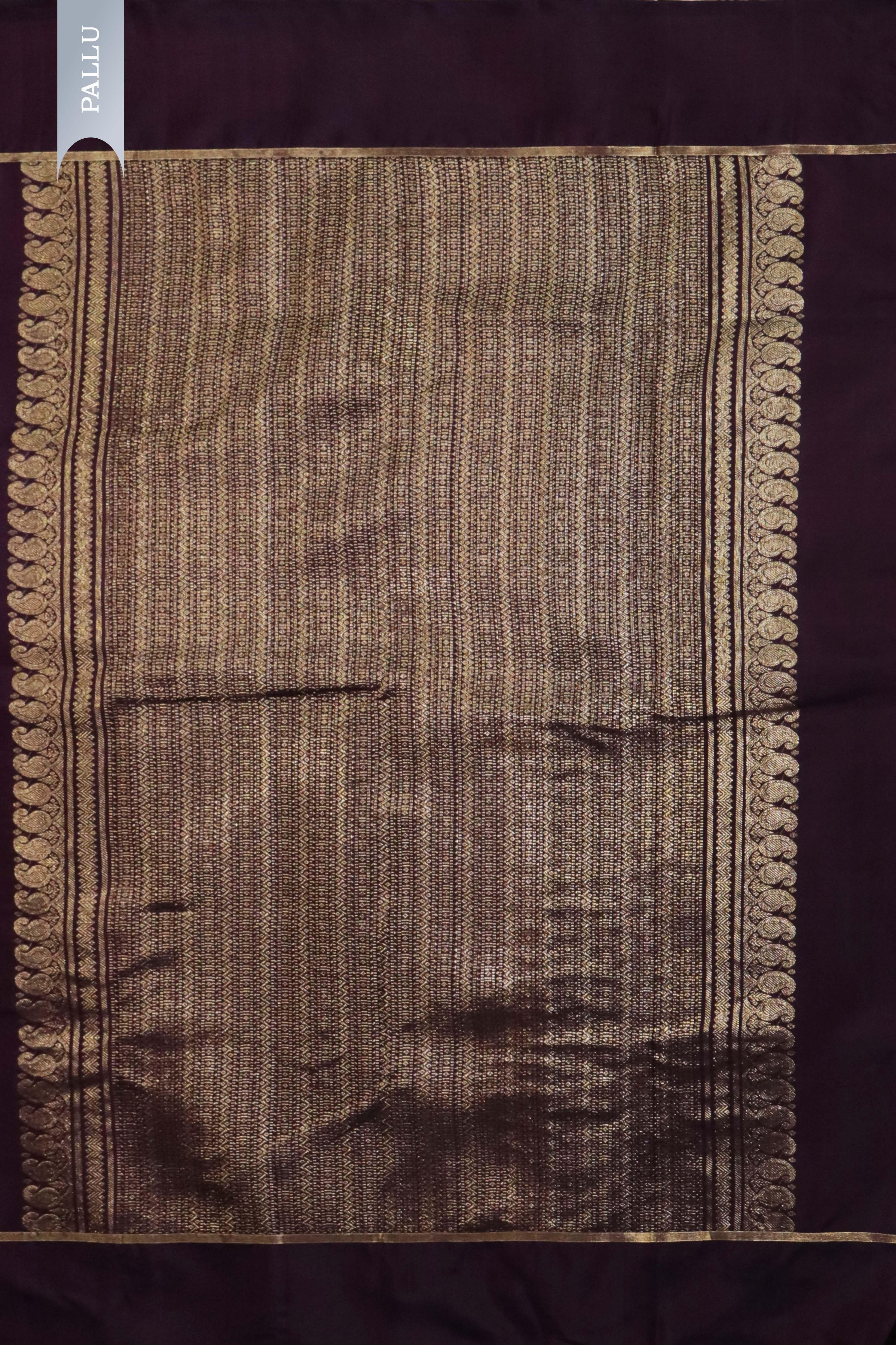 Dark Brown Kanchivaram Silk Saree with Small Zari Buttas & Plain Border - Mokshaa