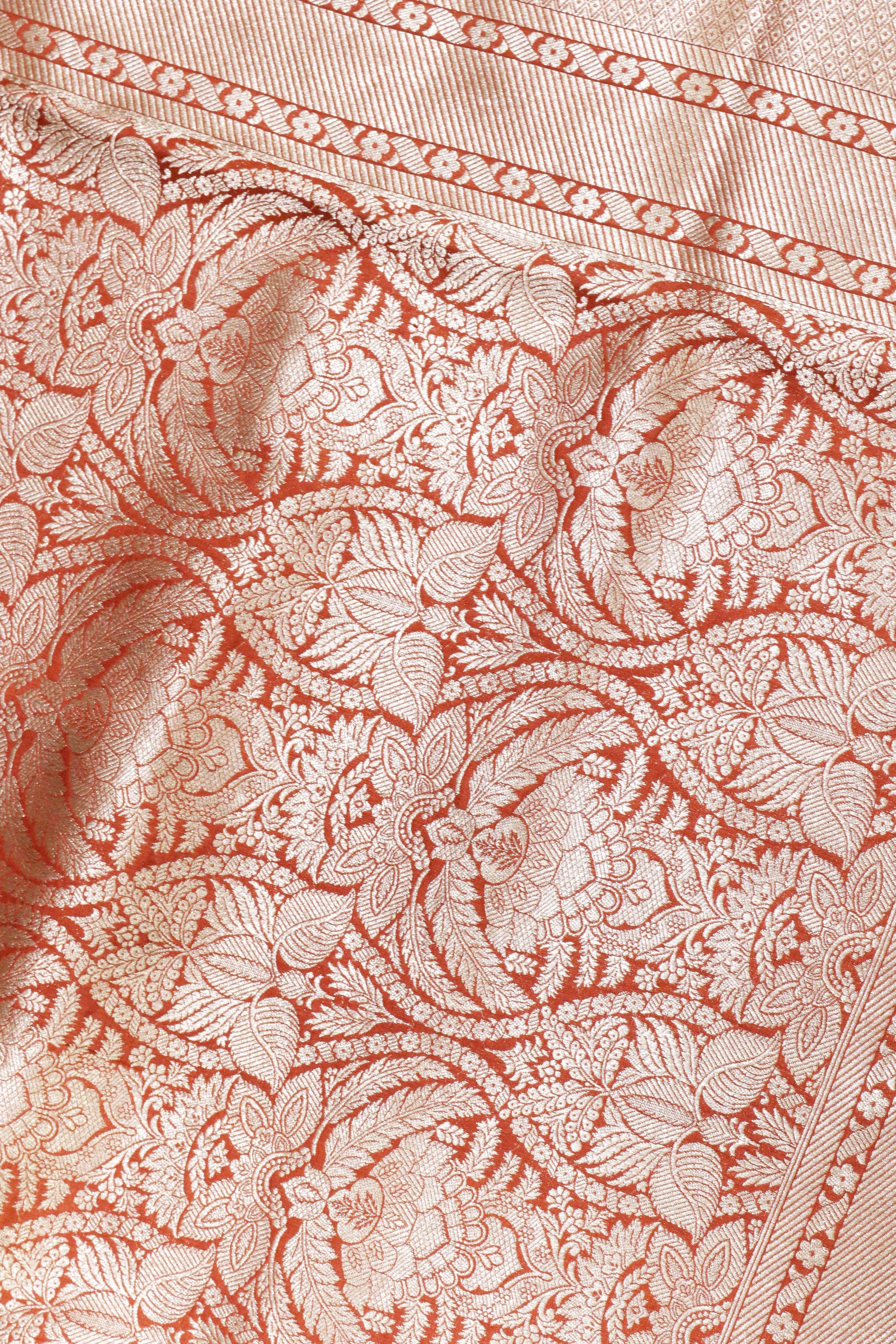 Orange Banarasi Silk Saree with Brocade Zari Jaal and Zari Border - Mokshaa