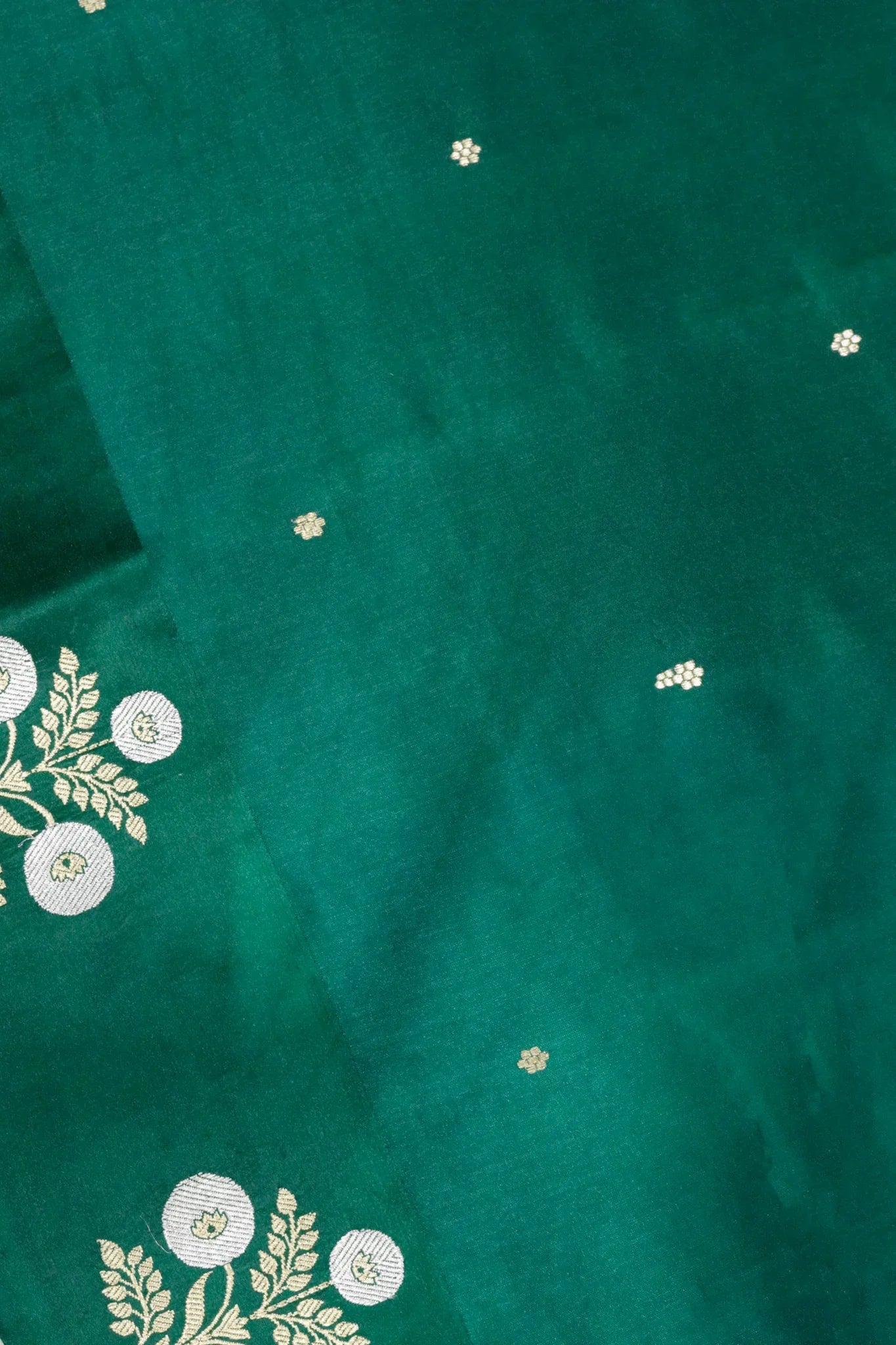 Bottle Green Banarasi Silk Saree with Butta Border & Mustard Blouse - Mokshaa