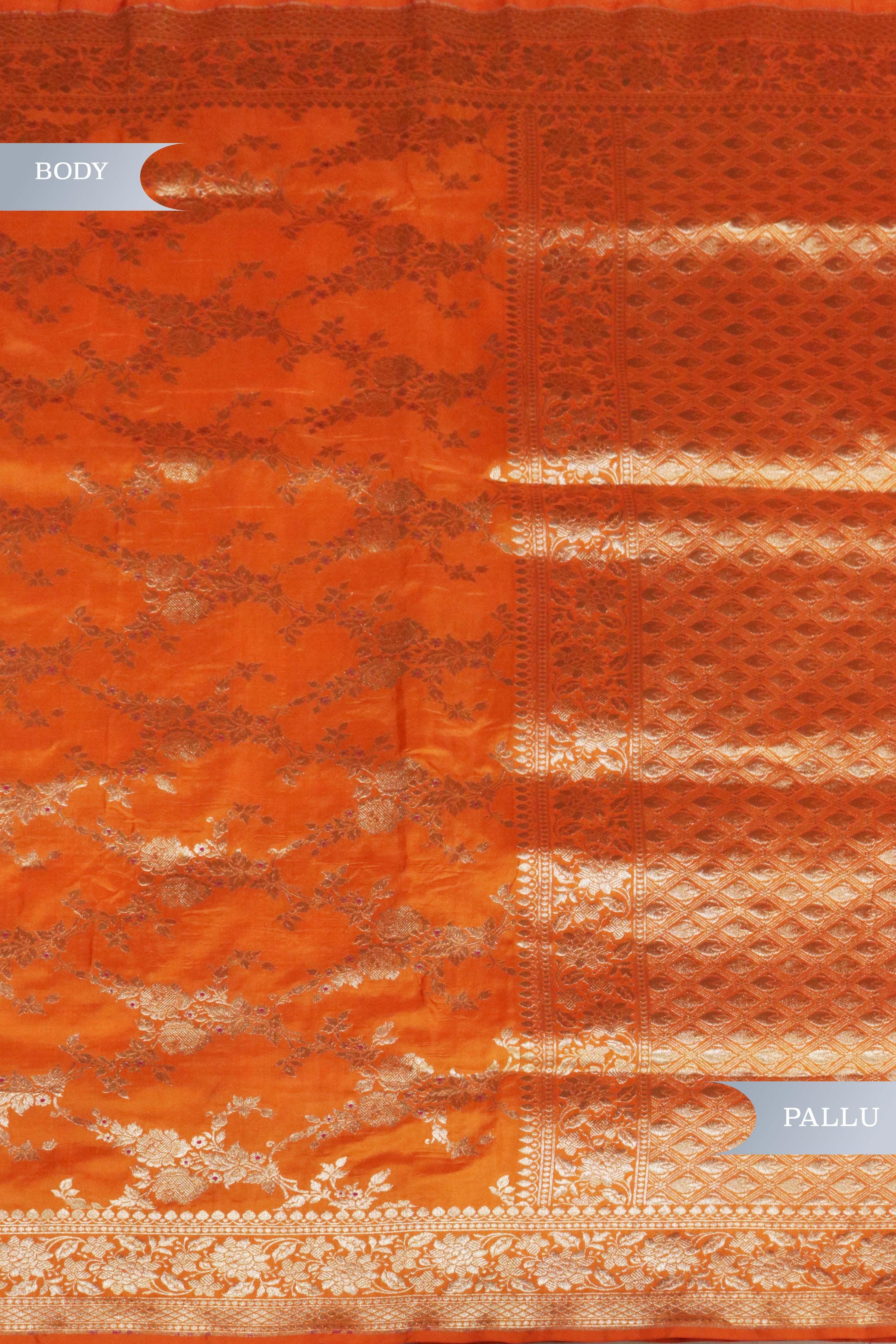 Orange Banarasi Silk Saree with Zari Jaal - Mokshaa