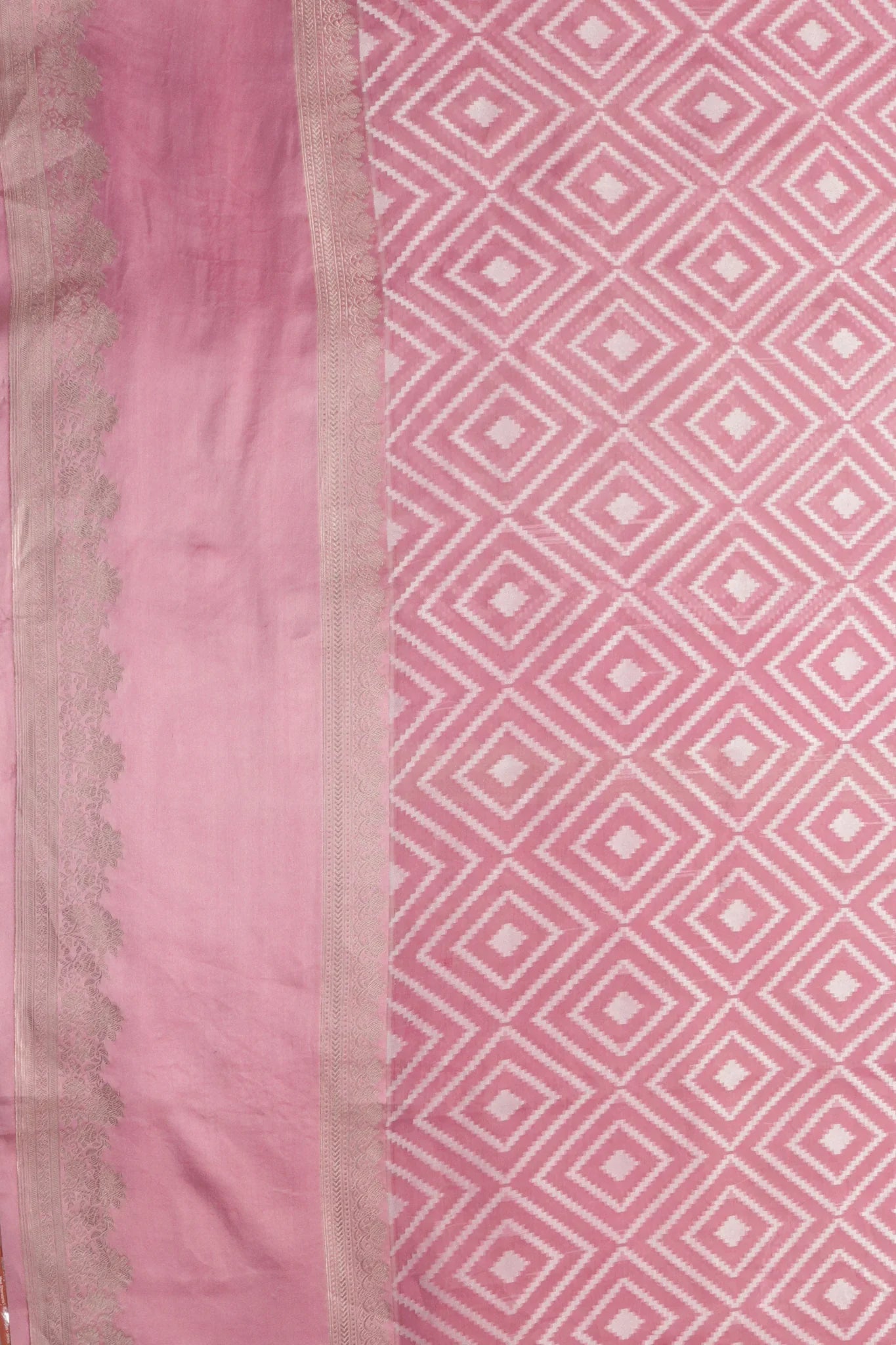 Baby Pink Banarasi Kora Saree with Geometric Weave & Satin Border - Mokshaa