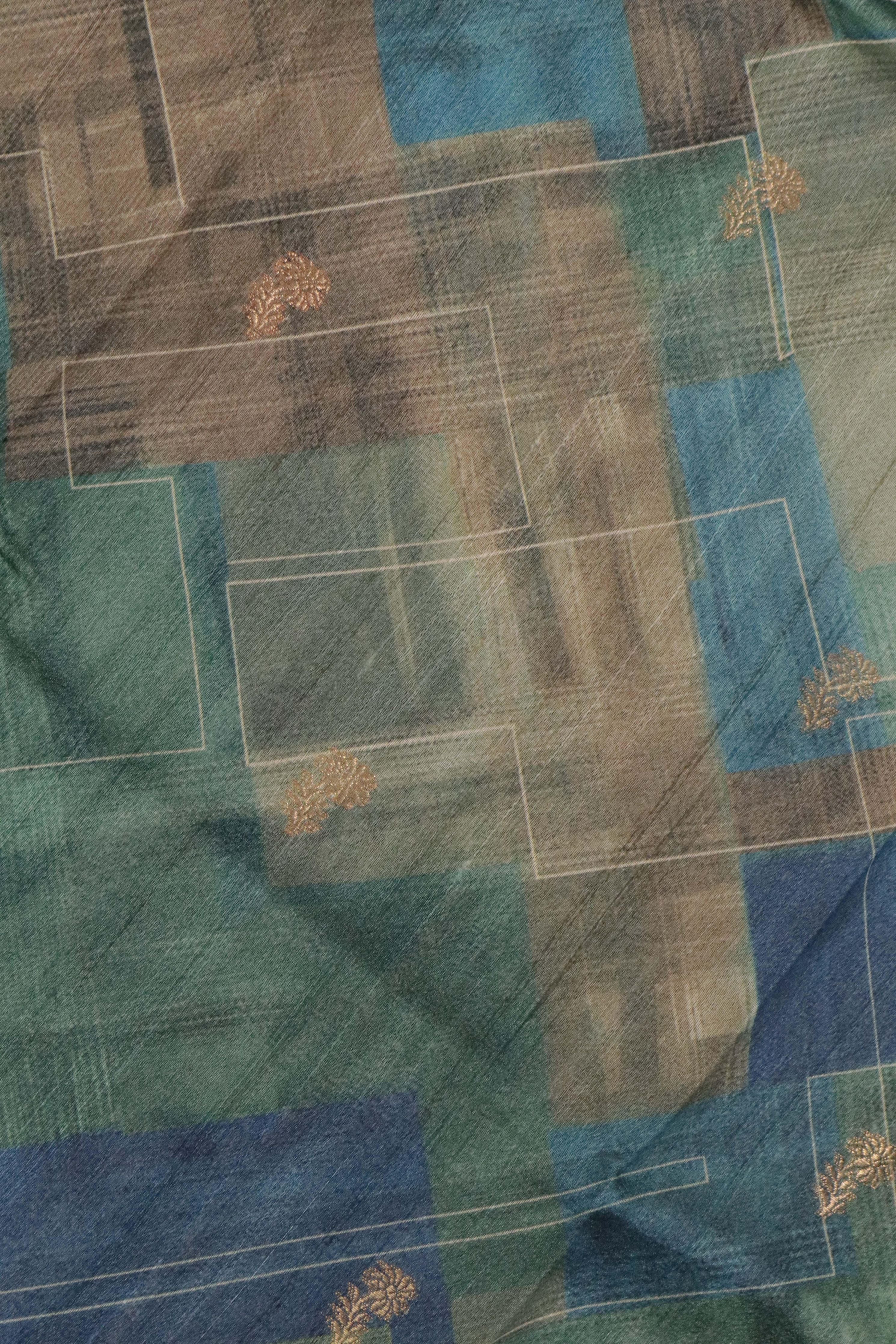 Blue-Green Tussar Silk Saree with Zari Motifs & Printed Border - Mokshaa