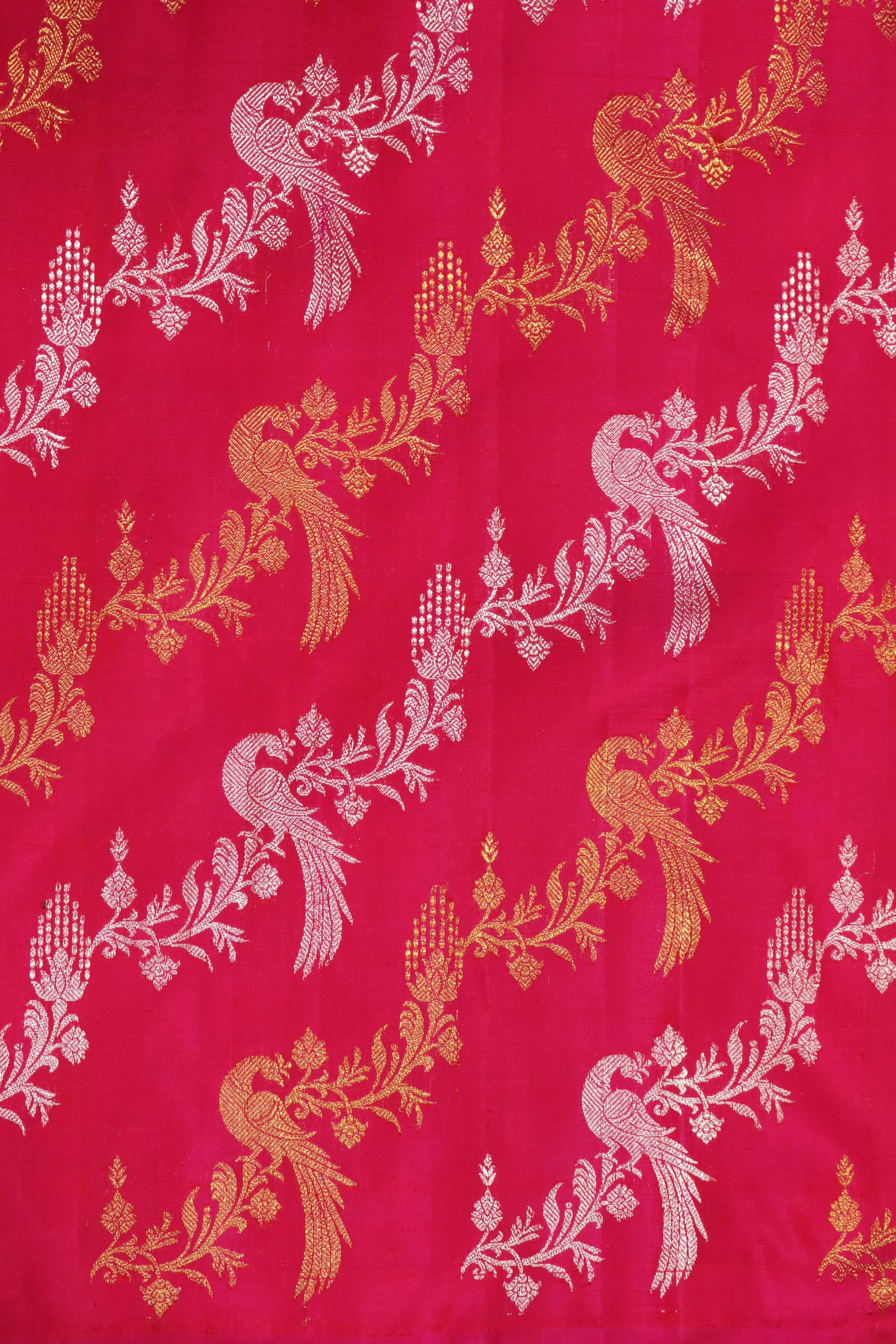 Rani Pink Kanchivaram Silk Saree with Silver & Gold Zari Weaving - Mokshaa