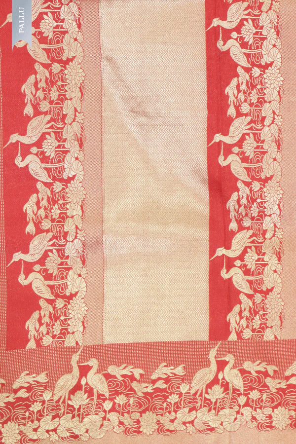 Red Banarasi Silk Saree with Self Zari Weaving and Ornate Fancy Border | Saree | Mokshaa