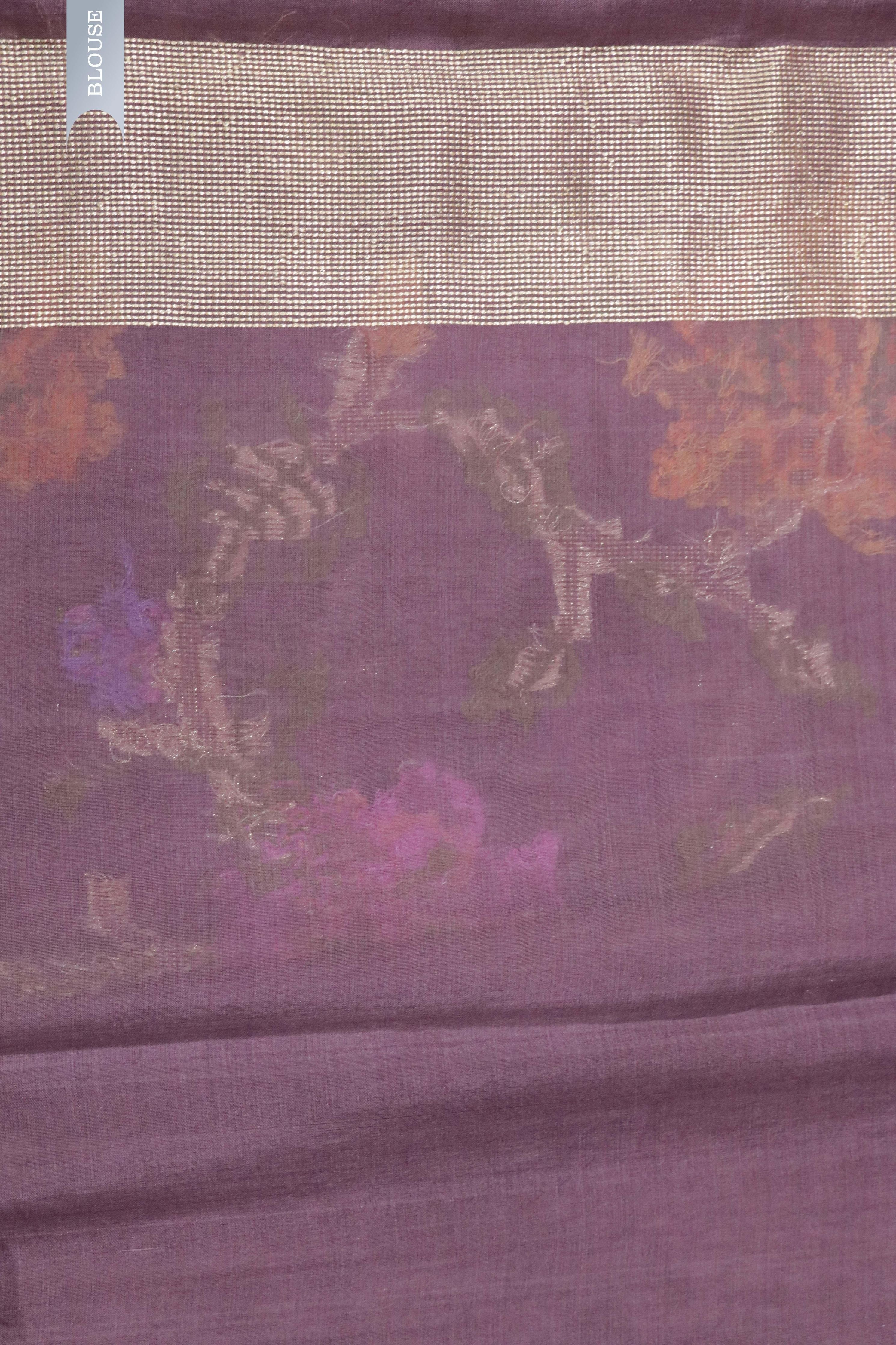 Violet Banarasi Kora Silk Saree with Zari & Multicolor Thread Jaal - Mokshaa