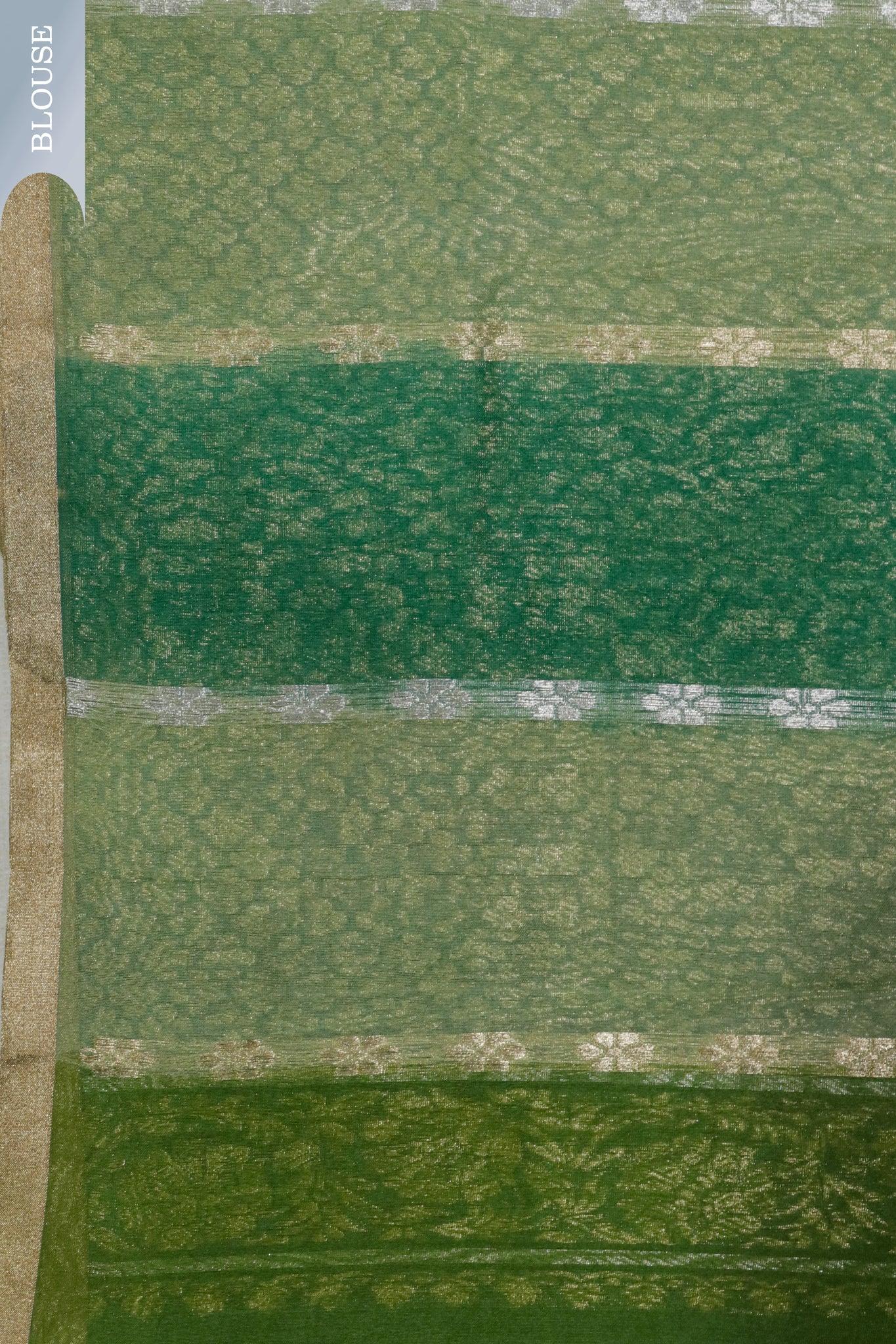 Multi-Green Banarasi Kora Saree with Zari Embroidered Motifs - Mokshaa