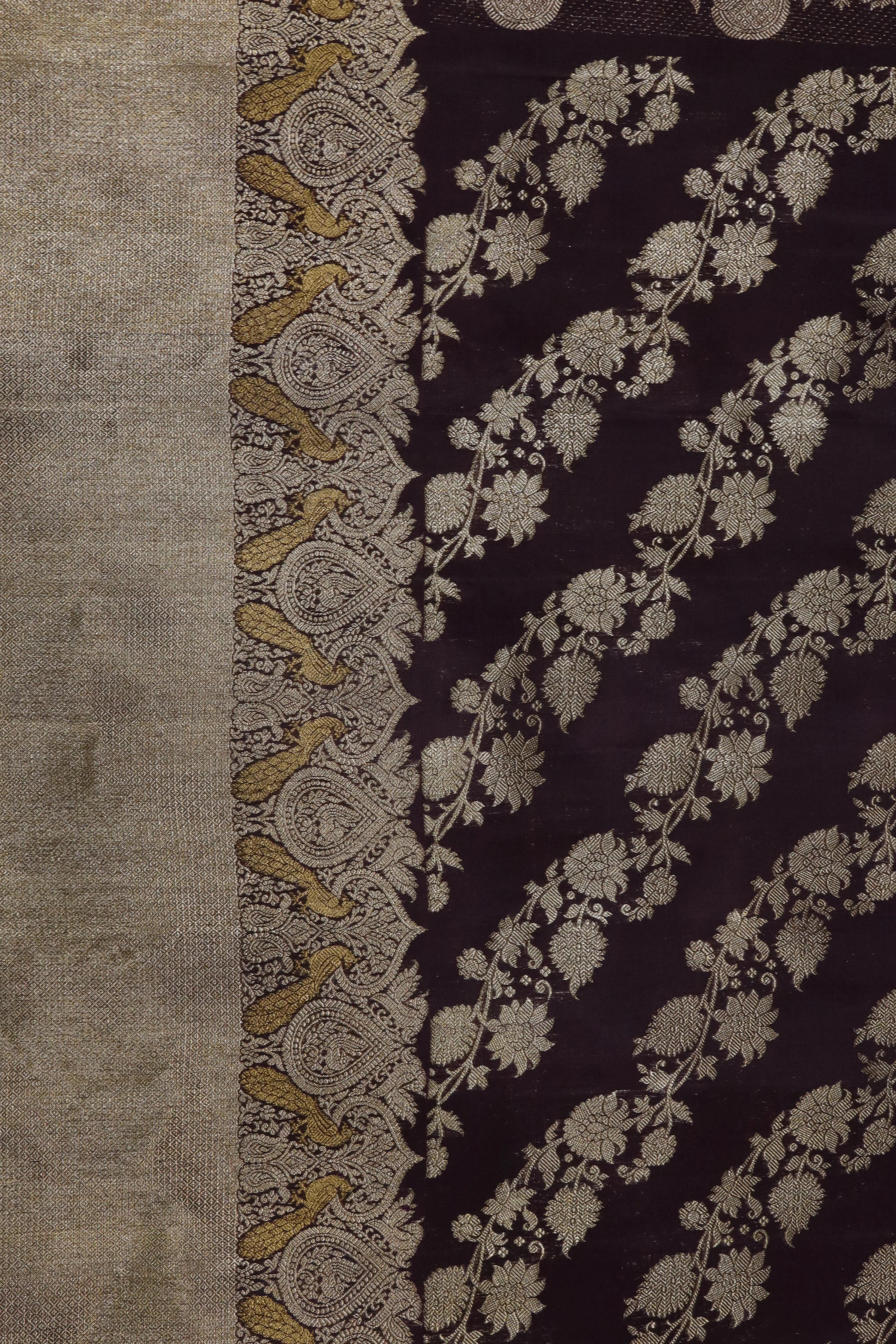 Dark Brown Kanchivaram Silk Saree with Peacock Motif Border - Mokshaa