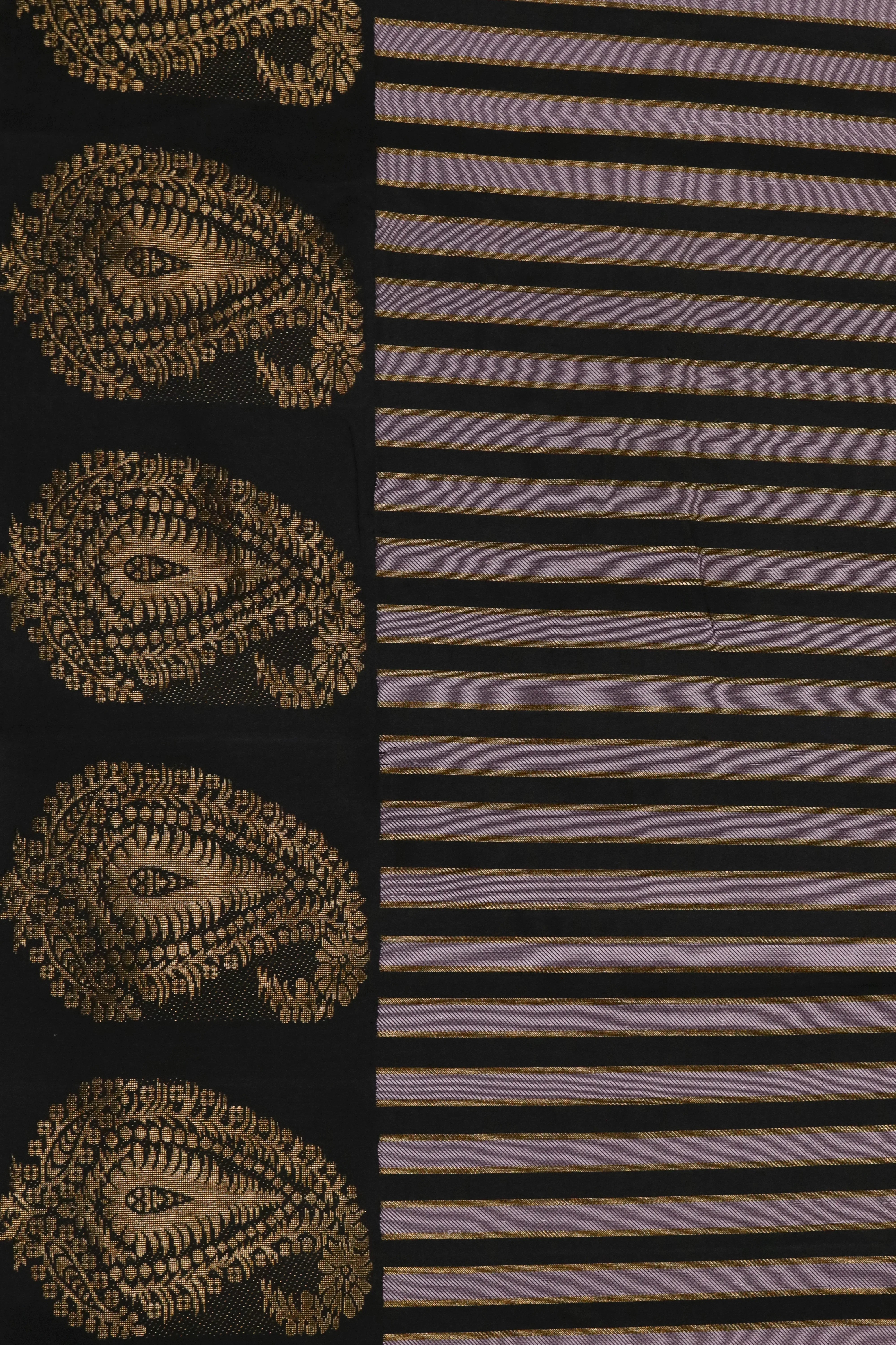 Black Kanchivaram Silk Saree with Golden Stripes & Buttas Border - Mokshaa