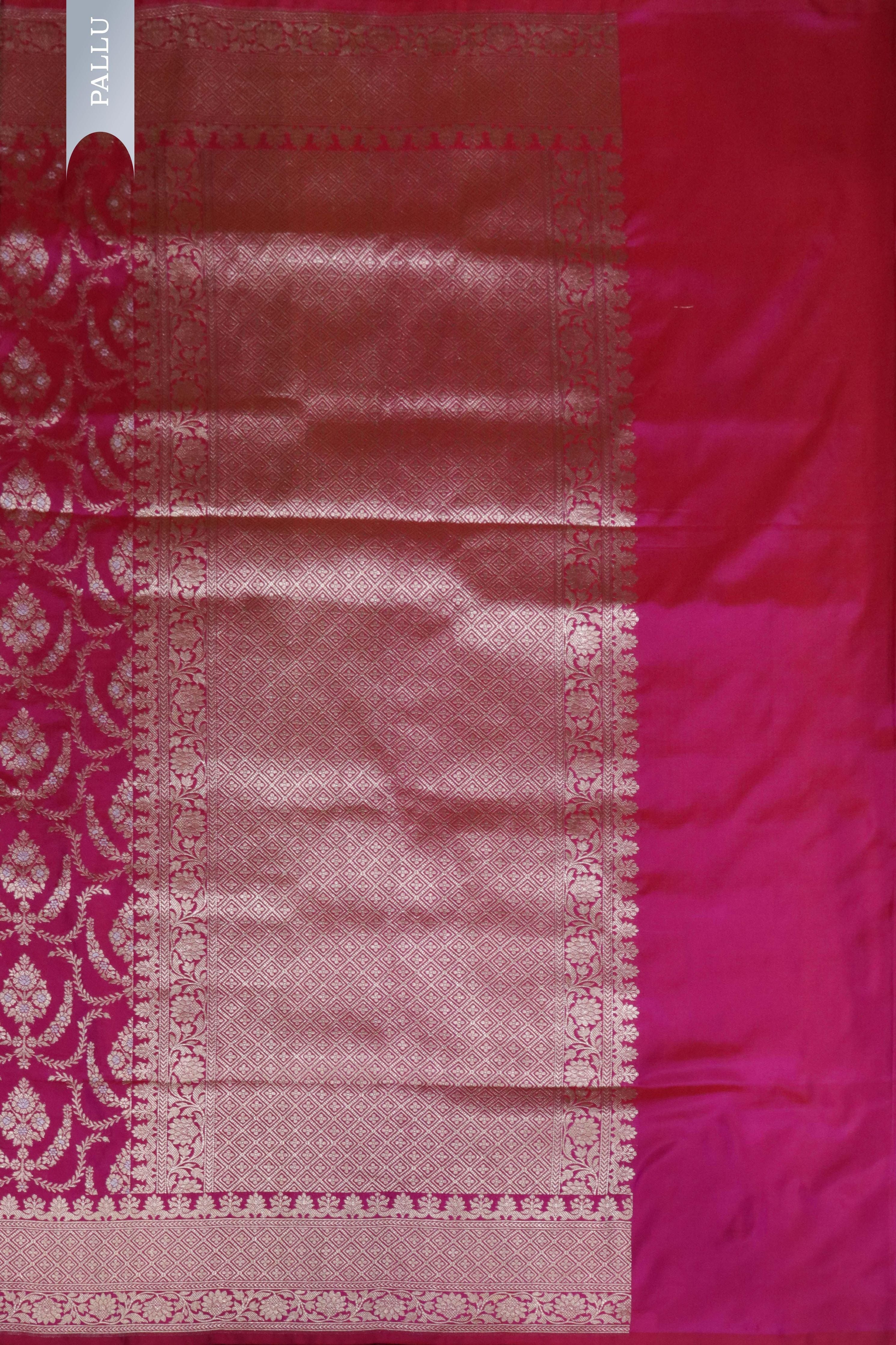 Rani Pink Banarasi Silk Saree with Zari Jaal & Intricate Border - Mokshaa