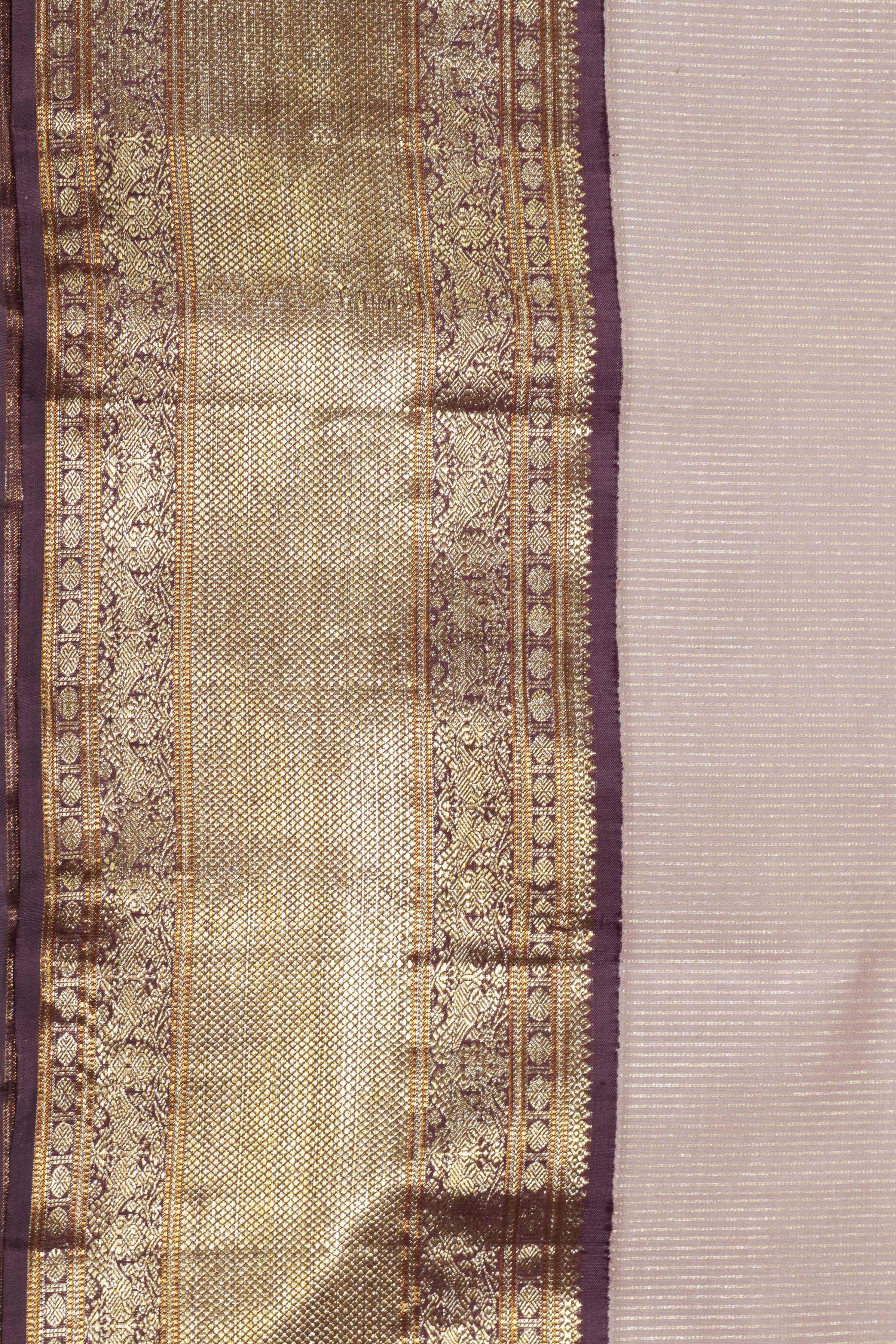 Beige Kanchivaram Silk Saree with Zari Stripes & Contrast Maroon Pallu - Mokshaa