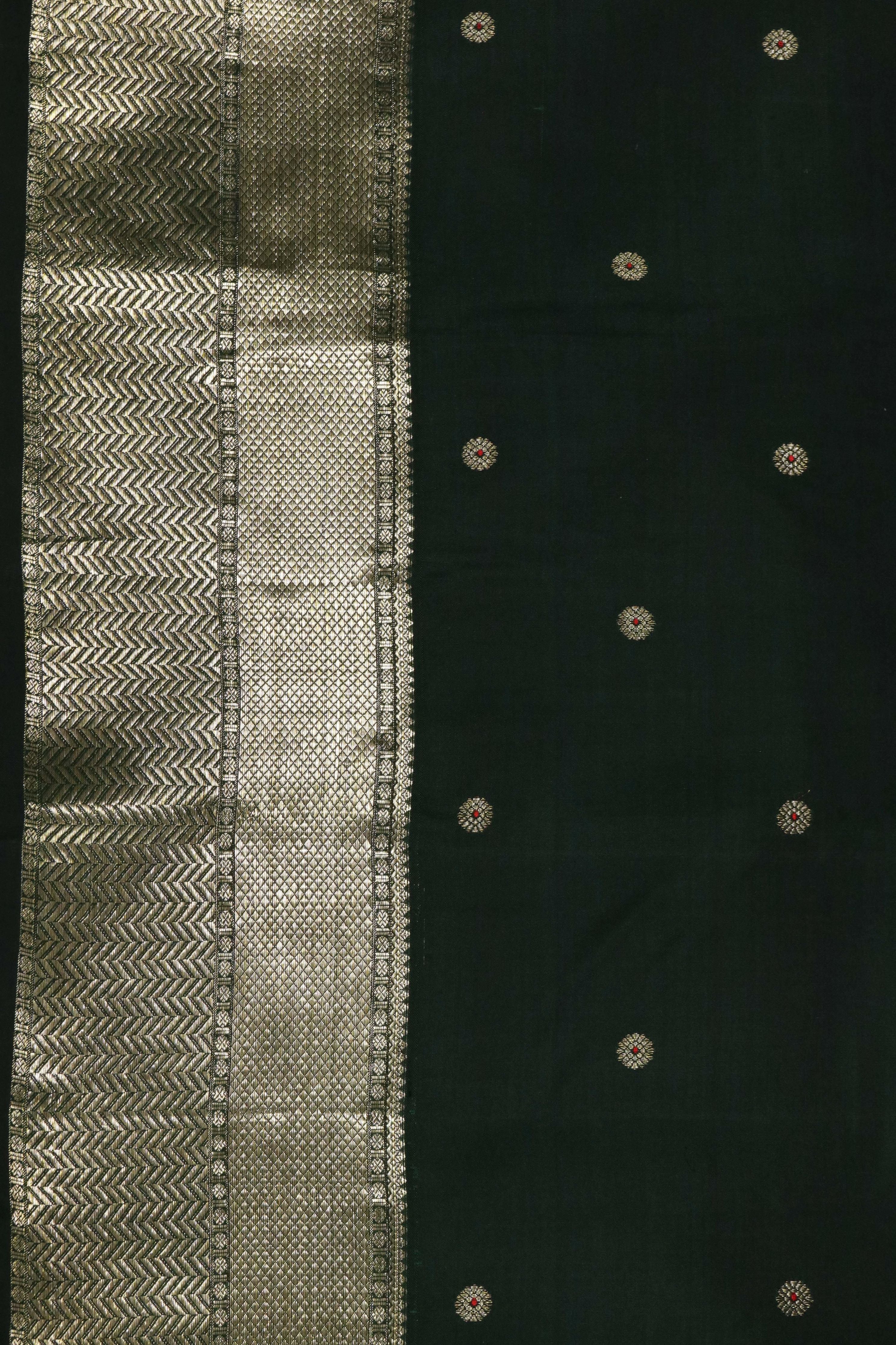 Bottle Green Kanchivaram Silk Saree with Zari Butti and Self Blouse - Mokshaa