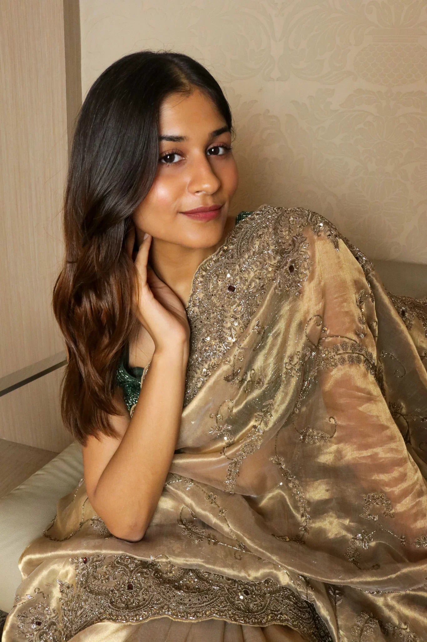 Dusty Gold Tissue Organza Saree with Jarthosi & Sequin Work and Green Velvet Blouse - Mokshaa
