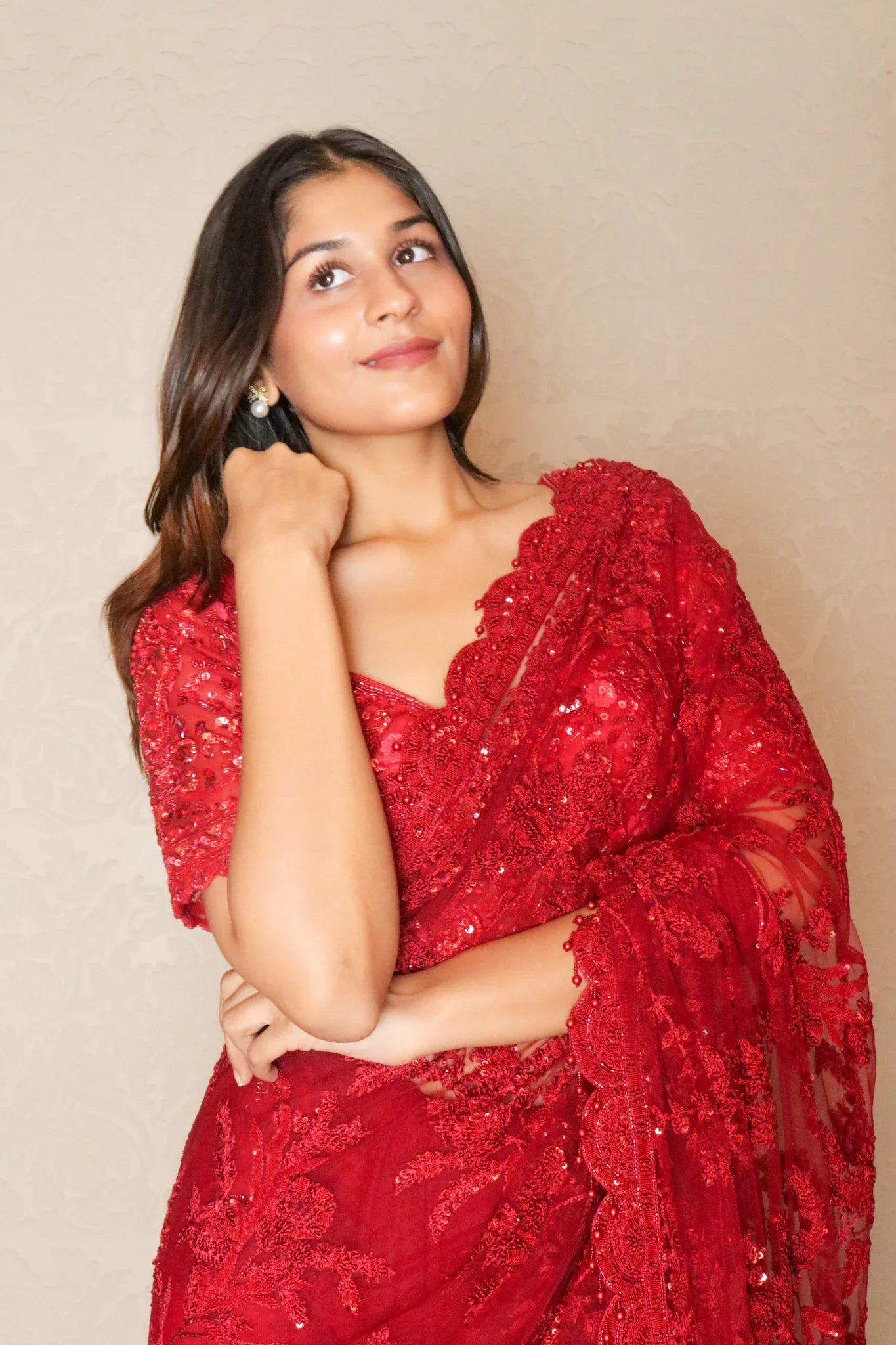 Red Net Saree with Thread & Sequin Embroidery - Mokshaa